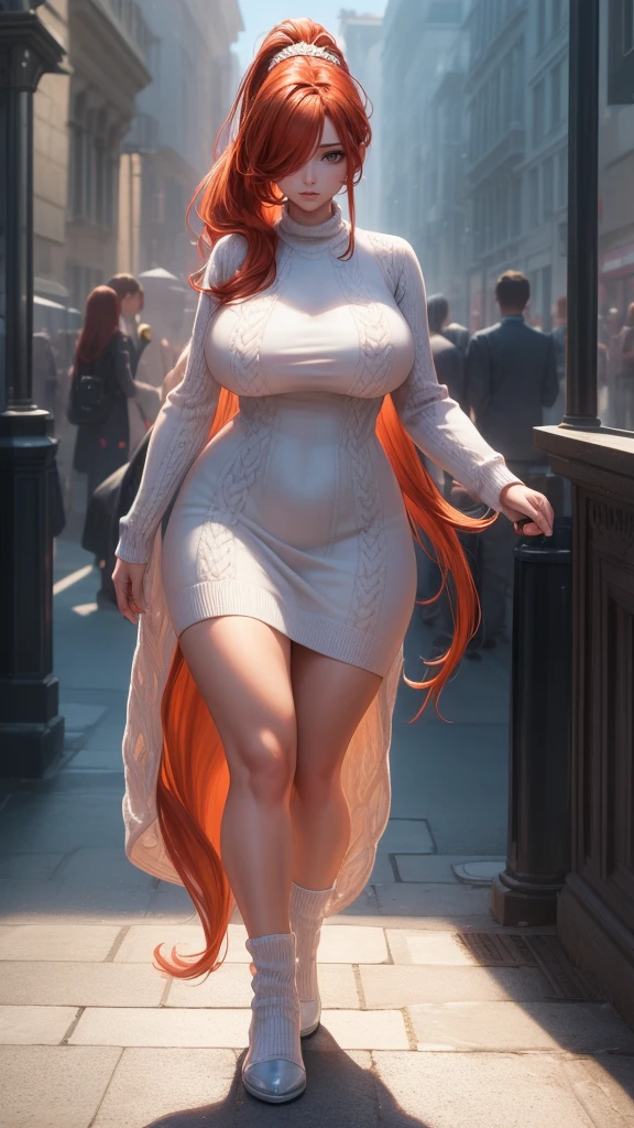 (from below),((1girl:1.5),curvy,petite,beautiful breasts,(large breasts),pale skin,erect nipples),((realistic),high resolution,best quality,masterpiece,(Sense of presence:1.5),(((Dynamic,bold))))),(((long High ponytail),(thin hair:1.5),(straight hair),Swept bangs,(extra light coppery red hair),(hair over one eye),hair blowing in the wind)),(long knit dress:1.2),walking
