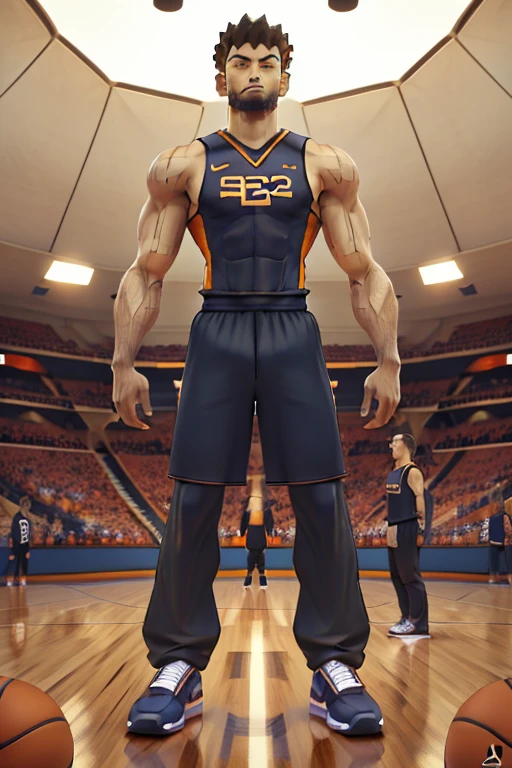 50 meters tall giant basketball player in the city