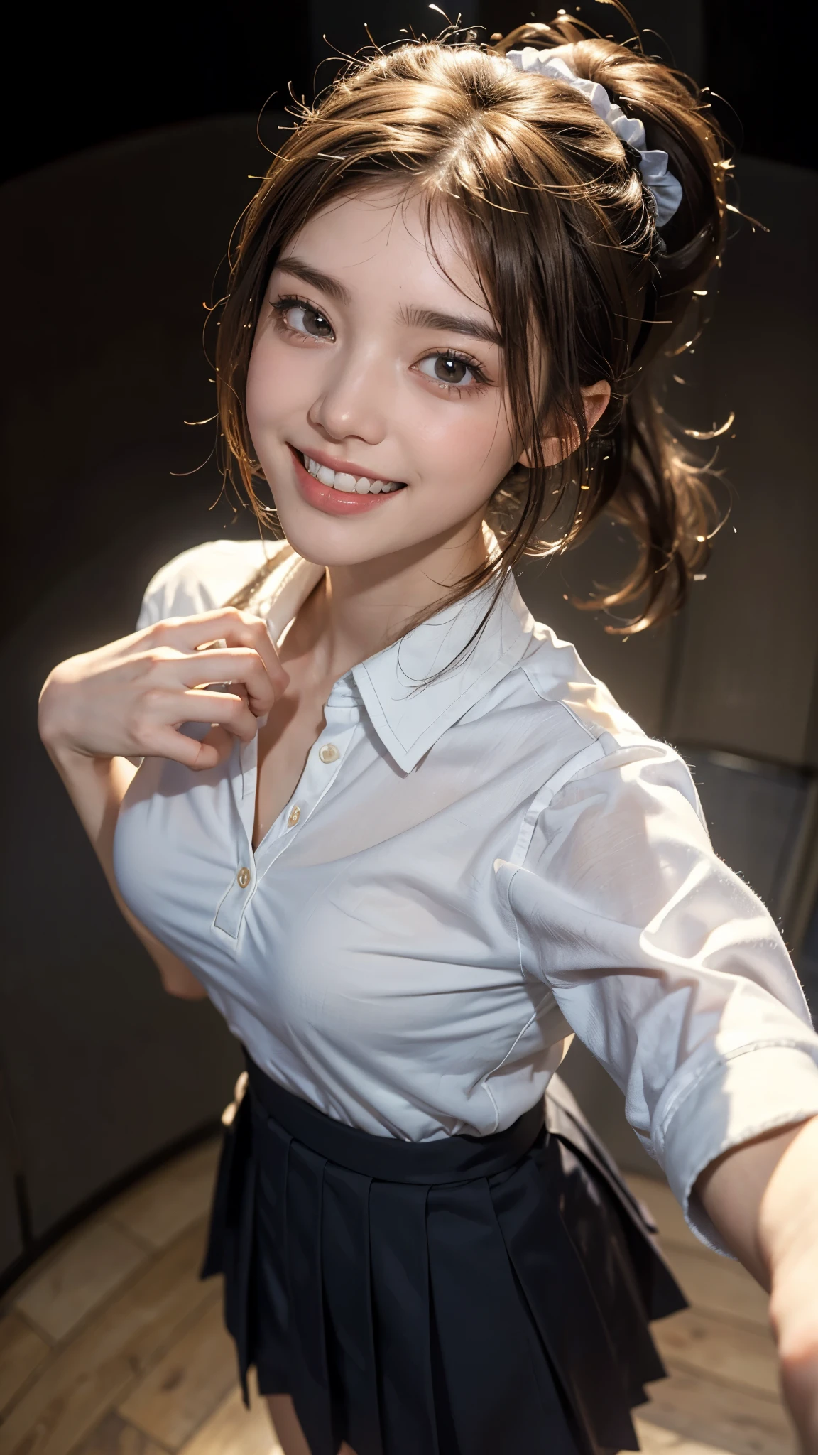 highest quality, masterpiece, Ultra-high resolution,(((Face Focus:1.6))) (Realistic:1.6), (Portrait of a man kneeling with legs apart) RAW Photos, 1 girl, 20-year-old,((A high-heeled girl in a white blouse and a blue checked miniskirt)),((Ponytail and hair tie)),,((Looking up at the audience)),Realistic,((background)), Image Media Chest)),((Smiling with teeth showing)),