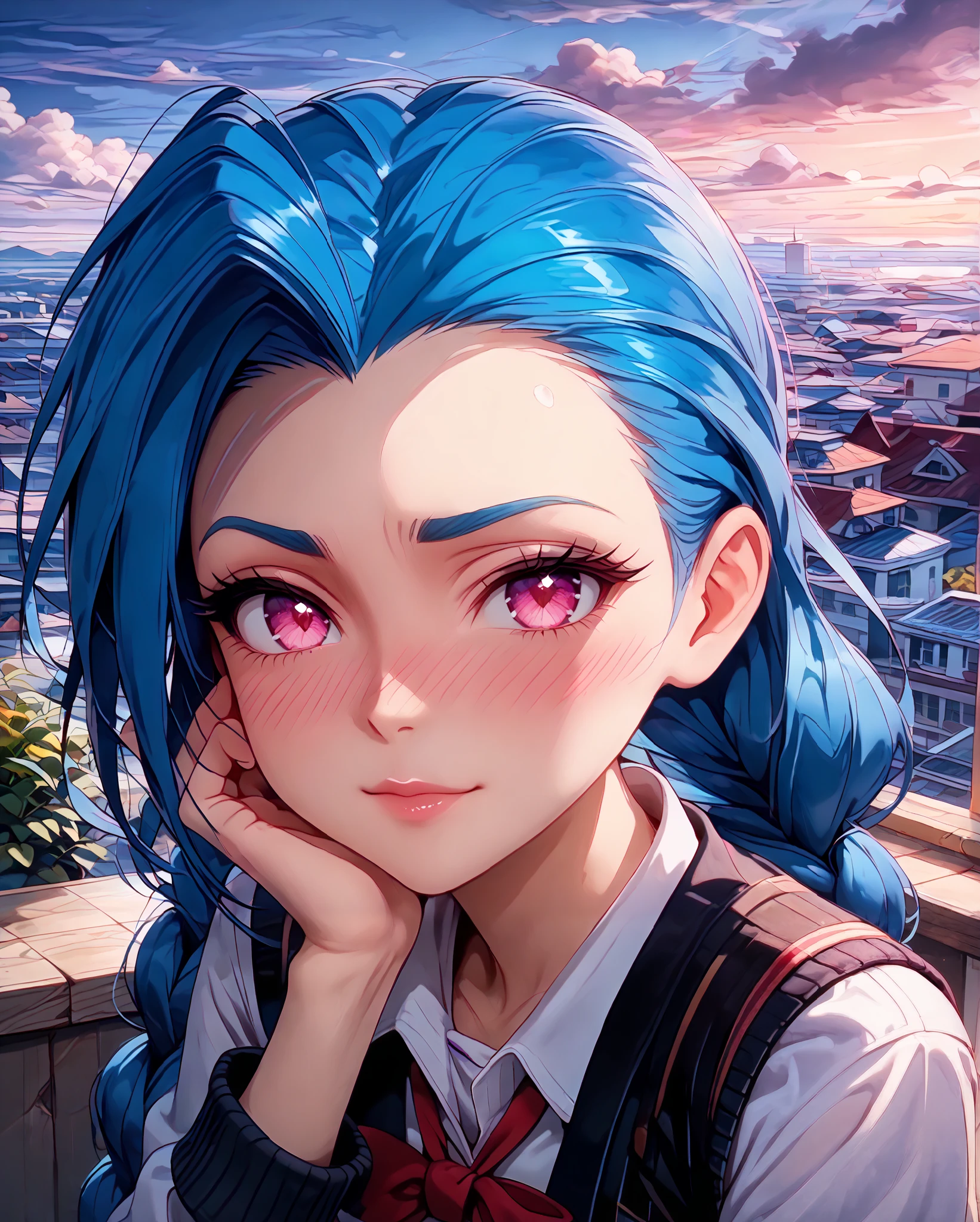 Close-up, Near distance, Score_9, Score_8_up, Score_7_up, Score_6_up, Score_5_up, Score_4_up, Tag1, Tag2, Quality_masterpiece, Absurd res, Anatomically correct, Beautiful face, Perfect face, Highly detailed beautiful face and eyes, Attractive face, Detailed face, Delicate facial features,high detail face, Detailed skin, hyper realistic ,high definition detail, Amazing work , wallpaper, screencap, masterpiece, high resolution, best quality ,8k ( Jinx from league ) (Blue Hair) (Black clothes) (pink eyes) (long hair) (school girl uniform) braided hair, 1girl, look at you, look of disinterest, room, rooftop, midnight, , blushing, ebarrasing, alone, high purity eyes, concentrated , look of disinterest, thinking, look at you, mature, look of empowerment, (love blush:1.5) half closed eyes, serious, stroking with her own hair, full body,2 arms, 2 fingers