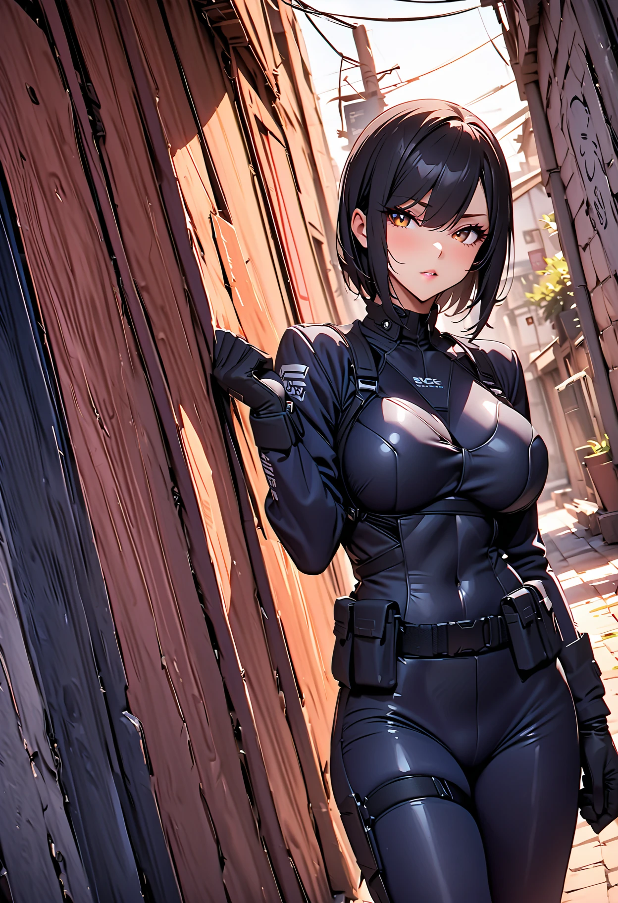 (best quality:1.3), (4k quality), Mikasa, ((Detailed face)), (blush), Mikasa, black short hair, grey eyes, ((detailed face)), perfect face, highly detailed eyes, masterpiece, absurdres , (intricate details), (colorful),cinematic lighting,extremely detailed CG unity 8k wallpaper , 1girl, solo,mature female, erected tits, fit slim body,((perfect erected small tits)), living room, (((black tight suit, harness))), cameltoe, standing, front view