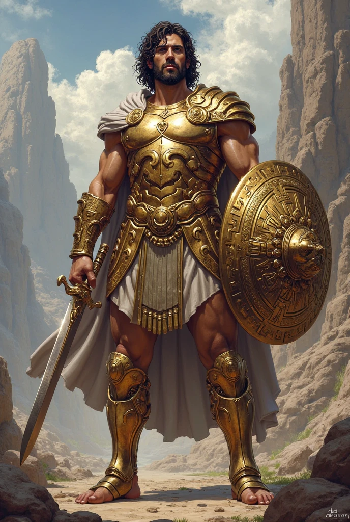 a sited spartan hoplite. He holds his helmet with his two hands. His shield is put on his left side. His spear is thrusted to the ground. He has long hears and reach beard.