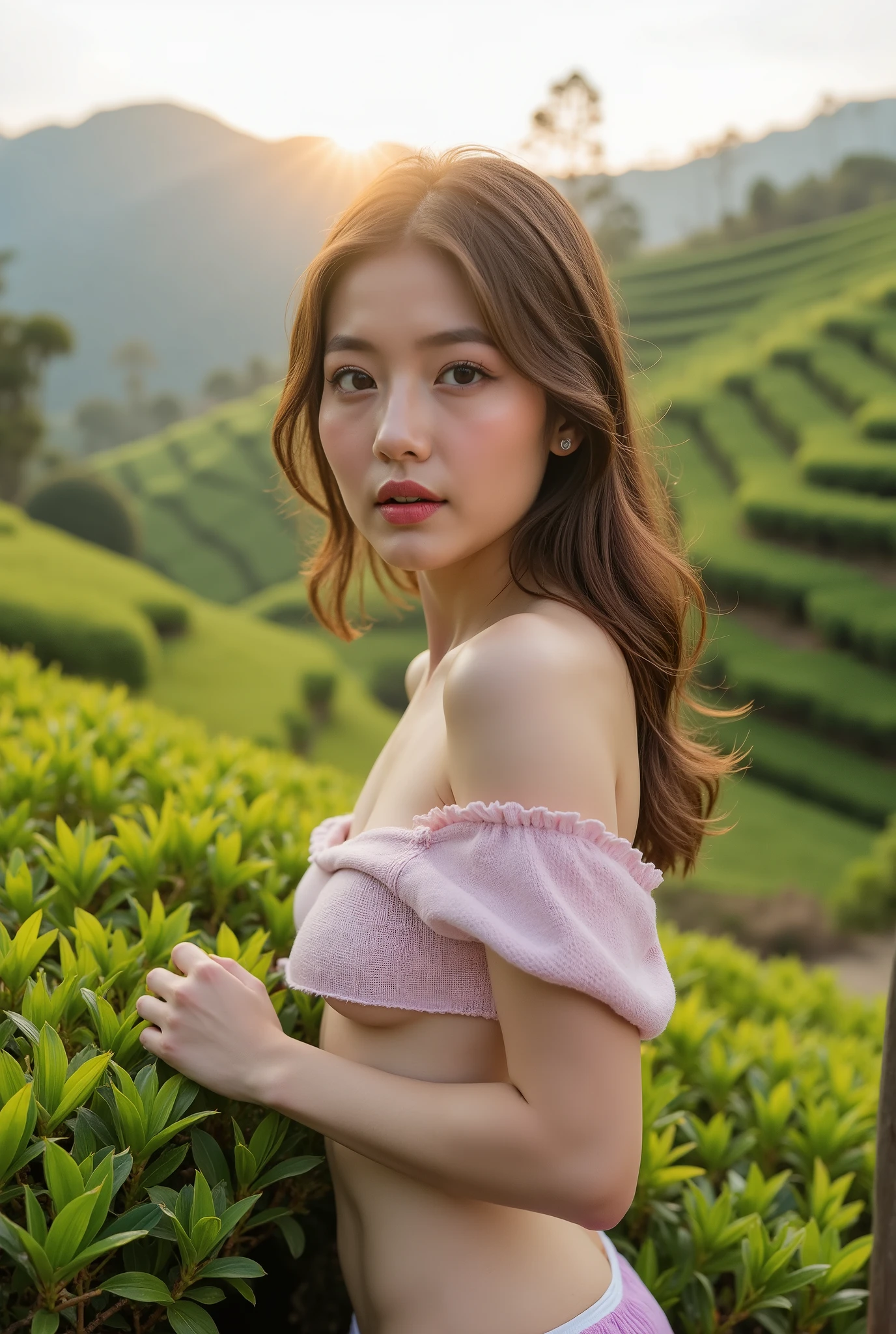 Masterpiece, ultra-high-definition 16K fashion photography, captured with a Hasselblad H6D-100c Medium Format Camera and a Carl Zeiss Otus 85mm f/1.4 Lens, ensuring stunning sharpness, natural tones, and cinematic depth.
A breathtaking 19-year-old Thai model with flawless skin and long brown hair poses elegantly in Choui Fong Tea Plantation, Chiang Rai, Thailand, a stunning landscape of rolling green tea fields stretching endlessly under the soft morning sunlight. She wears a casual yet sensual outfit—a loose-knit sweater, off-shoulder top, or cropped blouse, subtly revealing her curves, paired with a daring micro bikini bottom that contrasts playfully with the serene and elegant setting.
The scene is enveloped in a fresh, misty morning ambiance, with the golden sunrise casting soft highlights over the lush tea plantations, curving terraces, and distant mountains. Her pose is graceful yet alluring—perhaps standing on a wooden deck overlooking the vast greenery, gently touching the tea leaves, or playfully walking along the narrow paths between the tea rows.
The photography includes hyper-detailed close-ups of morning dew glistening on tea leaves, the soft breeze playing with her hair, and the gentle glow of sunlight caressing her skin. Full-body shots capture the grandeur of the tea plantation, blending the model’s modern sensuality with the timeless beauty of nature.
A flawless fusion of high-fashion elegance, natural serenity, and the breathtaking landscape of Choui Fong Tea Plantation, creating an immersive, cinematic, and luxuriously captivating visual experience.