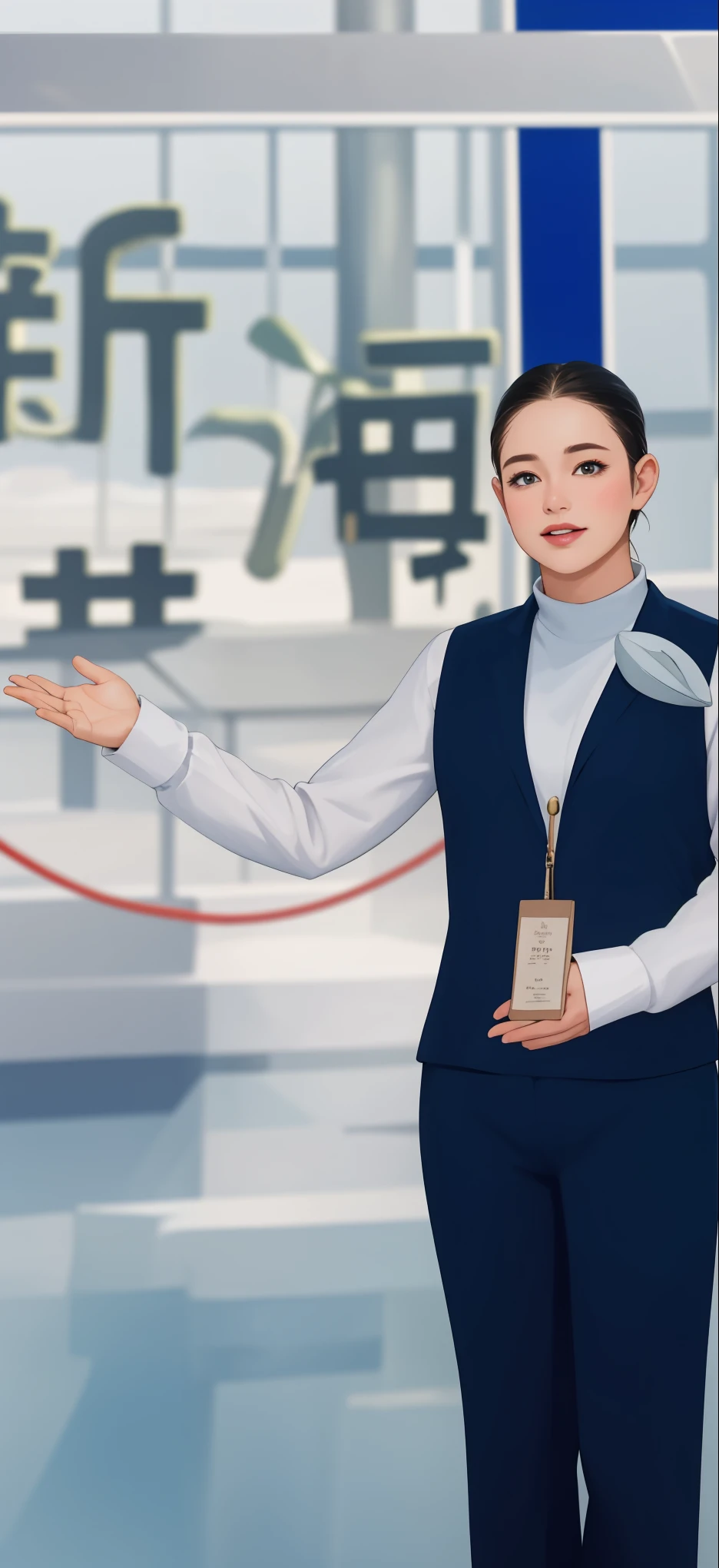 ( masterpiece,  Premium quality, best quality, Extremely detailed,  Official Art, Light effect,  Beauty and Aesthetics : 1.2, 8k resolution, )前景是穿着 blue西装和 blue领结的韩国女人, （Full body portrait of the character）, The background consists of an ocean and a sea of flowers，There is a ship in the background，There are a few coconut trees in the background，Realistic art painting， blue, Professional Avatar , Professional Close Up Photography