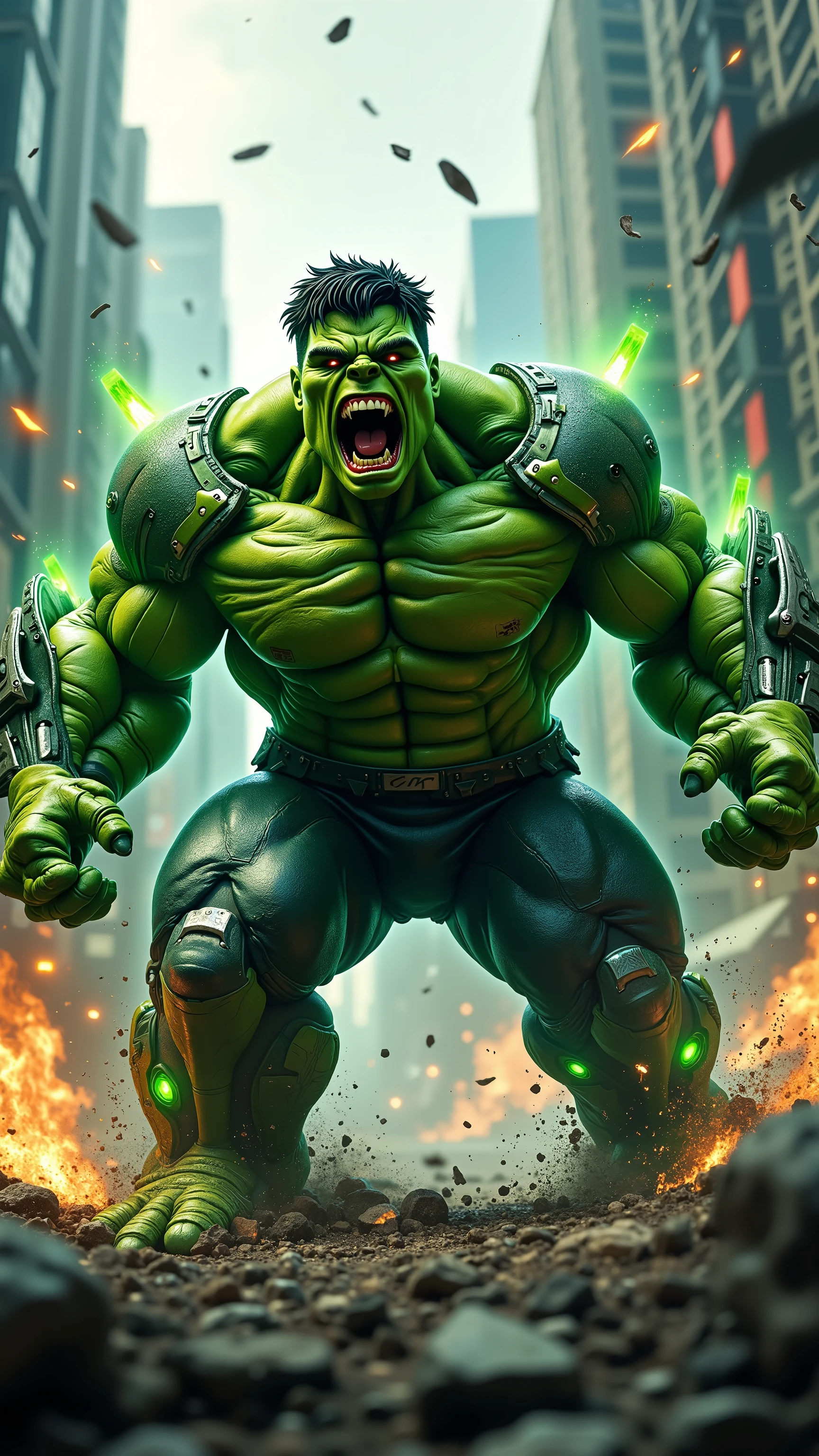 Blend Spider-Man, green hulk, iron Man, black panther and ant Man into one body. Full detail, 10k much more huge than green hulk itself, dramatic fearful, giant