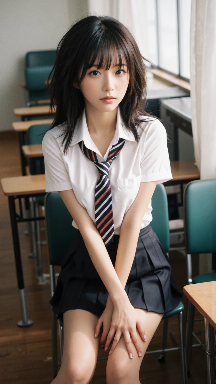 (masutepiece, Best Quality:1.2), 8K, 18year old, 85 mm, Official art, Raw photo, absurderes, White dress shirts, Pretty Face, close up, Upper body, violaceaess, gardeniass, Beautiful Girl, School uniform, (Navy pleated skirt:1.1), Cinch West, thighs thighs thighs thighs, Short sleeve, Classroom, Sit on a bench seat, Looking at Viewer, No makeup, (Smile:0.4), Film grain, chromatic abberation, Sharp Focus, face lights, clear lighting, , Detailed face, Bokeh background, (dark red necktie:1.1)、medium breasts