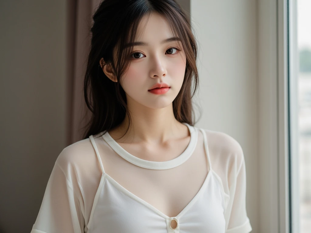 absurdres, RAW photo, extremely delicate and beautiful, masterpiece, Best Quality, ultra high resolution, 32k, hyperrealistic, ultra-detailed, in her 20s, delicate facial features, tearful mole, earring, medium breasts, ((((full body shot)))), shorter middle hair, black hair, collared shirt dress,