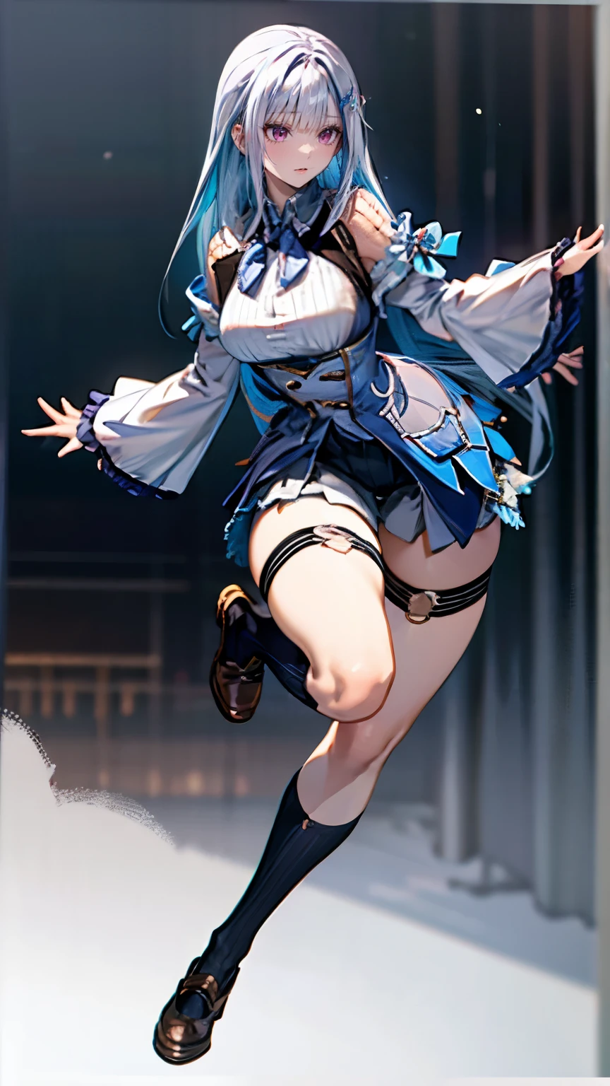 multiple girls, giantess art, highly detailed giantess shots, giantess, most detailed, perfect face, Two legs, Five fingers, short hair, A beautiful girl who is bigger than a skyscraper, Wearing rimless glasses, smile, huge breasts, blue base magical girl dress, bow, magical girl, holding a magical wand, black pantyhose, blue stiletto heels, thunderbolt from a magical wand, seaside metropolis, numerous miniature warships on the sea, Destroying cities, Under heavy attack, A very small big city, Miniature metropolis, Full body description, GTS, giga giantess, stomping city, crash city, tiny city, micro city, pantyhose feet, High resolution, highest quality, masterpiece,