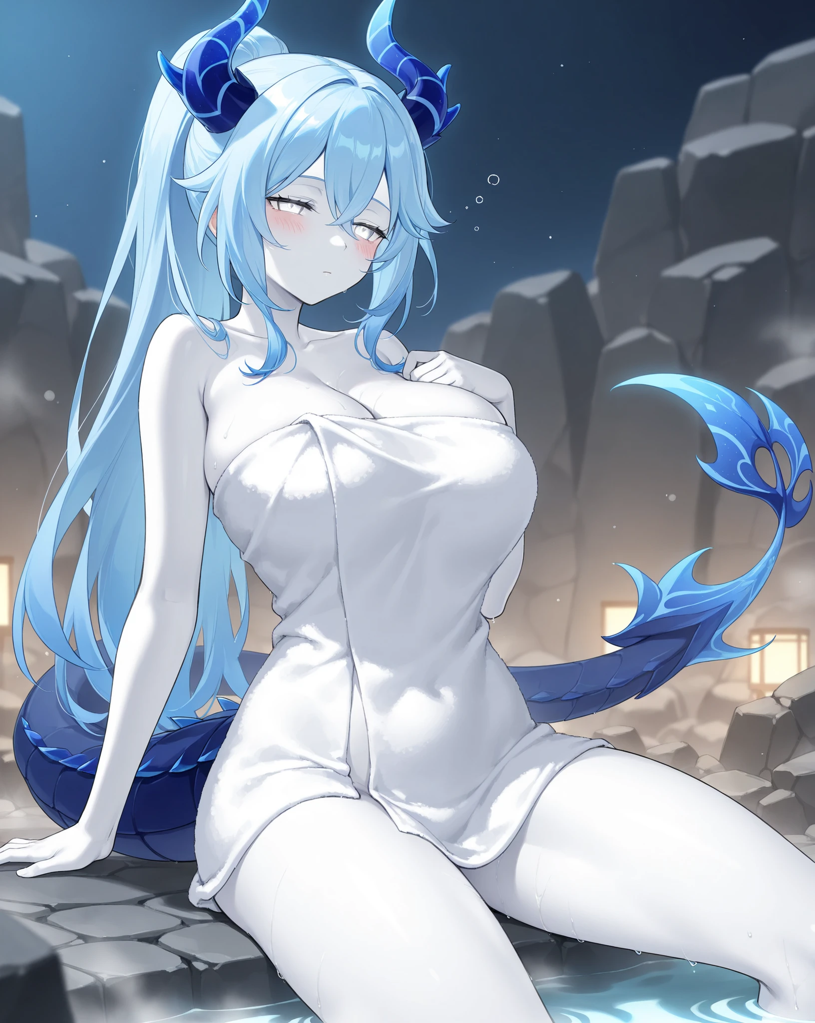 On a moonlit night, furry anthro, kemono, mermaid, a beautiful woman with bright shining scales on her skin dances gracefully on a white sandy beach Her beautiful face and brightly colored shining eyes The sea and the woman's scales shining faintly in the moonlight. Detailed drawing Vivid colors High image quality,