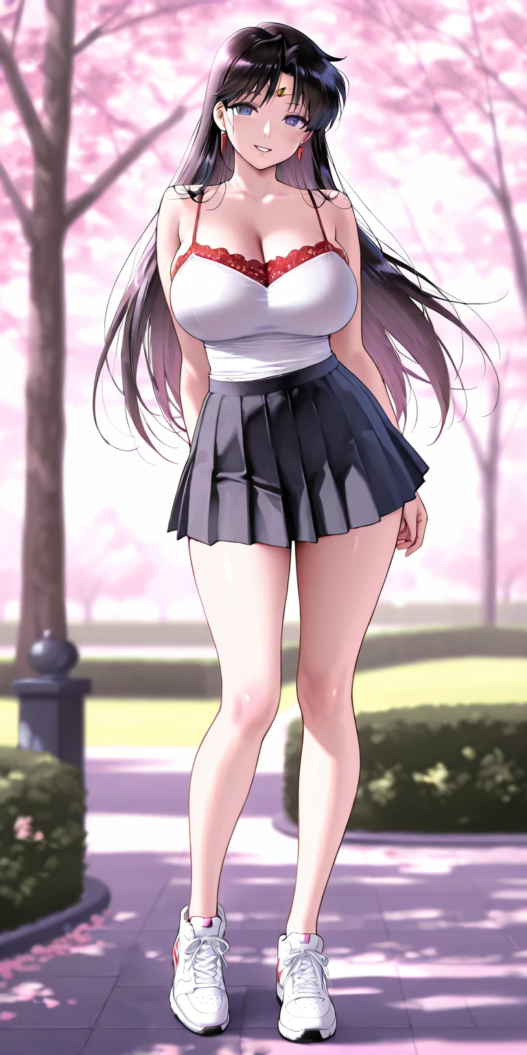 realistic image, coherent image, detailed image, 1 beautiful girl. She has braided purple hair that goes behind her back and a hairpin on the right side of her. Pink violet eyes, long eyelashes. Her face is oval and delicate. smiling seductively. She is wearing a sleeveless top, showing her navel, pleated mini skirt. She has a curvy body, big breasts and thick thighs. She has her arms hidden behind her back, showing her breasts. view of her full body. cherry petals falling. natural lighting in front, volumetric lighting,wearing high boots,high heels.