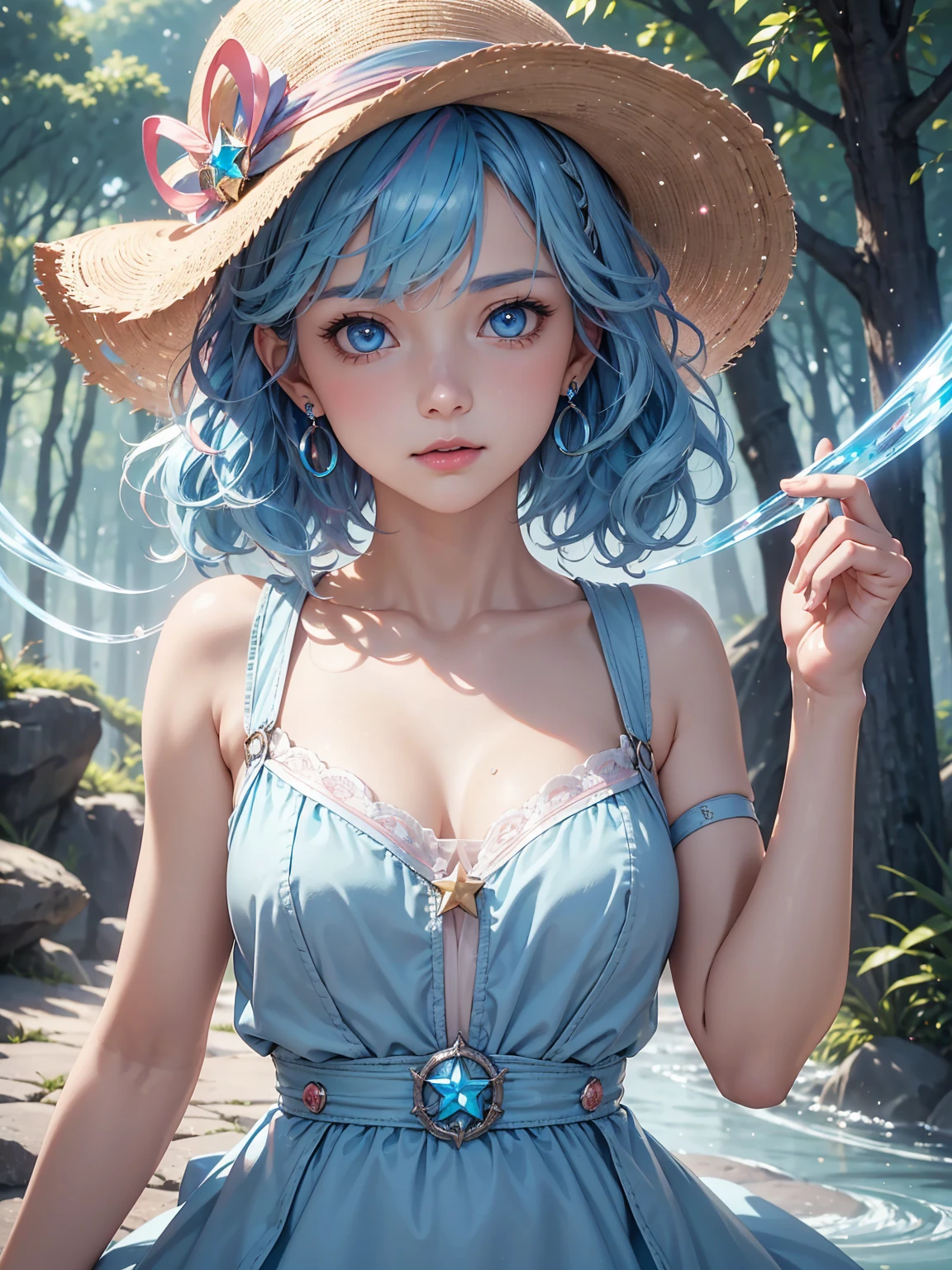 Perfect woman, blue hair, purple top hat, blue eyes, blue scarf, purple bikini