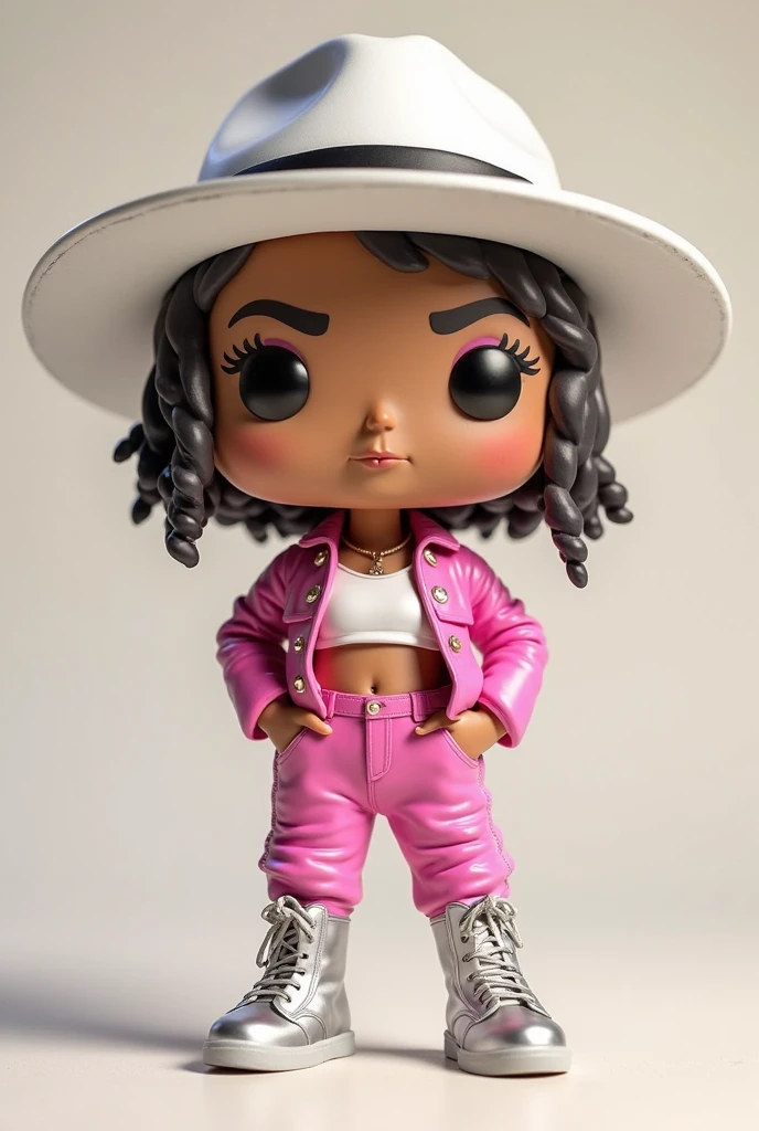 Create a funko pop with these features:dark skin color and wavy and voluminous hair with baddie style written kat liz underneath(feminine)