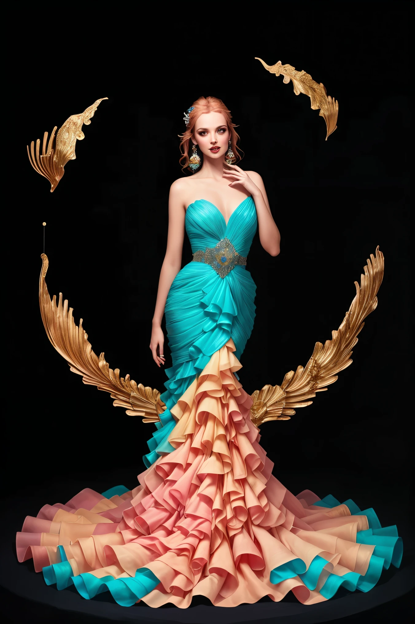 Beautiful model poses in a mermaid style dress that is long and opens up onto the ground in a big exaggerated circle around the feet.Blend the colors of the dress in gently and smooth out any rough end. The background should be neon 3D plastic shapes. Best quality, professional, 8K,16k Ultrarealistic, photorealistic, extreme detail, vivid colors, dynamic colors, iridescent, shimmering, holographic, intricate textures, flowing fabrics, glowing effects, dramatic lighting, fantasy, fashion, mermaid style gown, ethereal, magical, black background with neon plastic sphere and swirl shapes popping in 3D, surreal, whimsical, digital art, 3D rendered,cinematic portrait, cinematic photography, cinematic lighting, portrait photography.