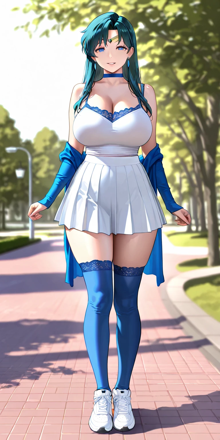 (A woman is walking, Windでスカートがめくれている, White panties:1:3), Beautiful Anime Woman, Beautiful art style, Anime characters, ((Smooth texture, Realistic texture, Anime CG Style)), ((Highest quality)), (Very detailed), (Very detailed CG 統合 8k 壁紙), Very detailed, High-resolution RAW color photos, Professional photography, masterpiece, Highest quality, Beautiful and big breasts, Slender body, (Stunningly beautiful woman), (Detailed face:1.2), (Blue Hair, White Dress, Red eyes, Yellow Circlet, Cleavage, Blue Cape), Outdoor, nature, Wind, Perfect lighting, Perfect Shadow, Exact number of arms, Exact number of legs, Perfect Anatomy, Exact finger count、Exact number of legs、(Exact number of arms:1.0, Exact number of hands:1.0), (Perfect hands, Perfect Anatomy), (Embarrassed expression), Angle from the front