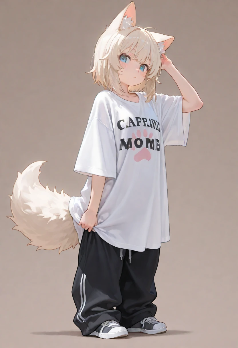 human cat girl , fluffy tail , cat ears, wearing big shirt and pants