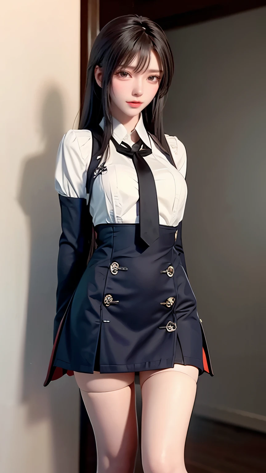 4K ultra, masterpiece, a girl, good face, detailed eyes, straight hair, very long hair, medium breasts, skirt, half skirt, blue skirt, blavk panties, shinning, high lights, realistic background, whole body capture,