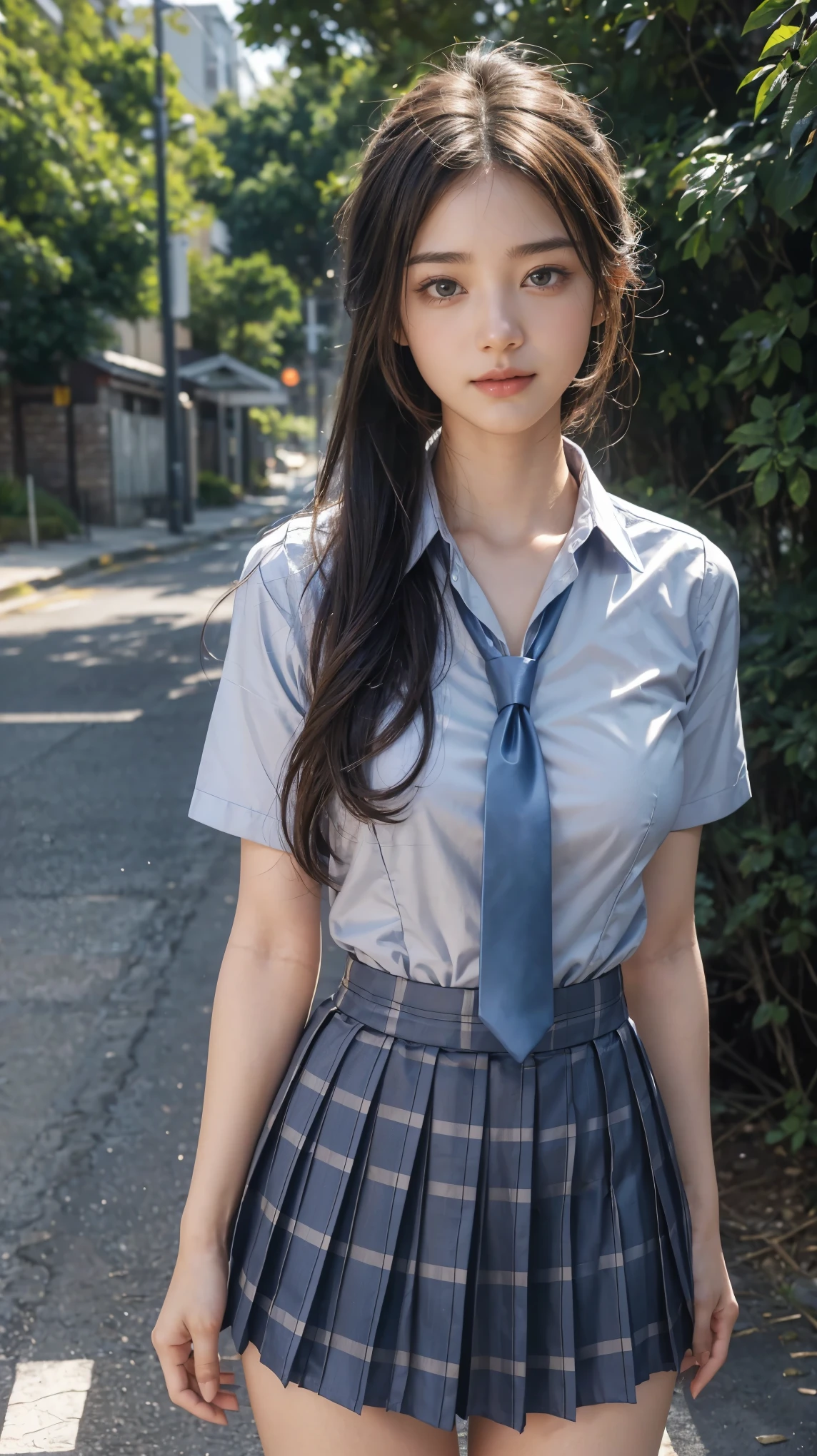 ((highest quality, 8K, masterpiece :1.3)), Photorealistic、Ultra-high resolution、Natural skin texture、Hyperrealism、Photograph from the knee up、12 year old beautiful Japanese girl、Large breasts、White collared shirt and tie、Checkered mini skirt、Serious expression、Pain and gasping