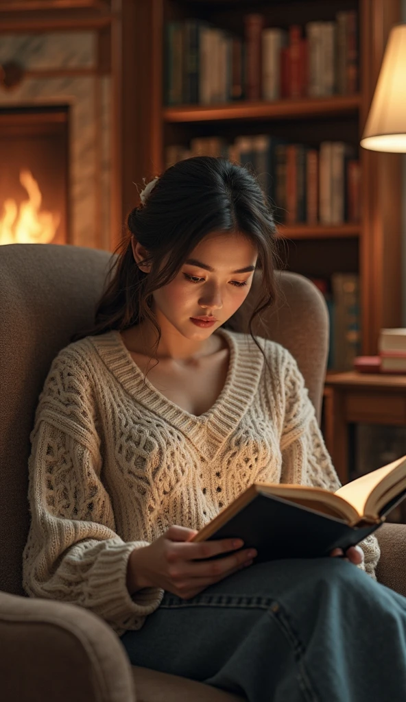 Person reading a storybook near the fireplace