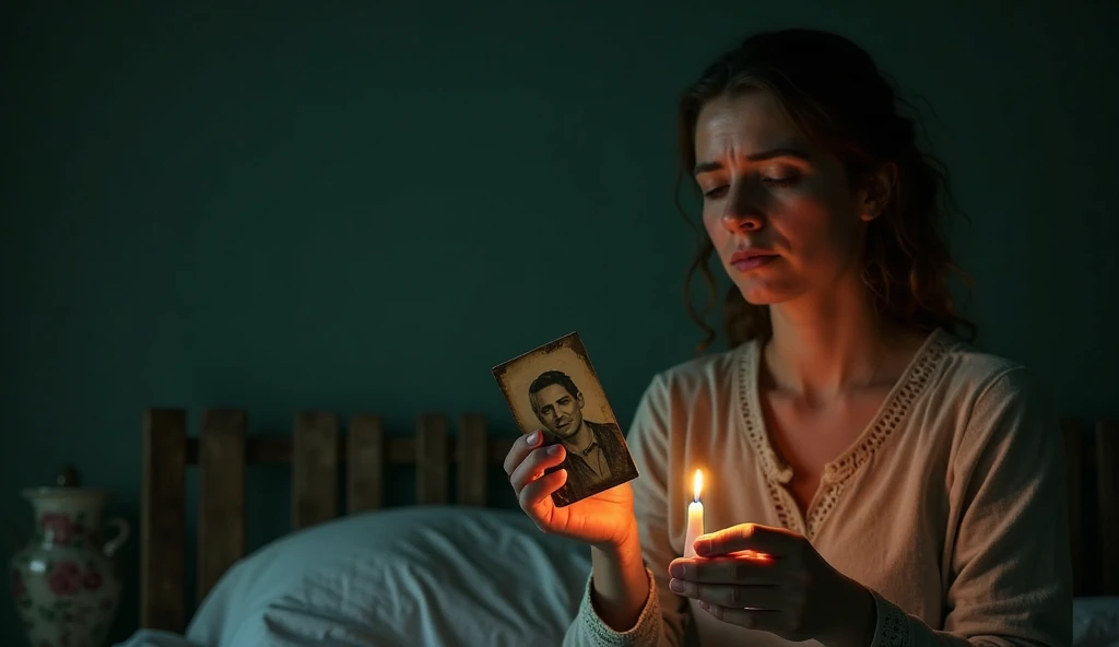 "The woman should be set off from the rest of the image against a dark background. On the left side, a woman sits on the edge of the bed, holding a small, flickering candle in one hand and an old, slightly worn photograph in the other. Her face shows deep emotion, a mixture of sadness and devotion, as she prays for her loved one. The candle casts a warm glow on her hands and the photo. The background is a dark green.