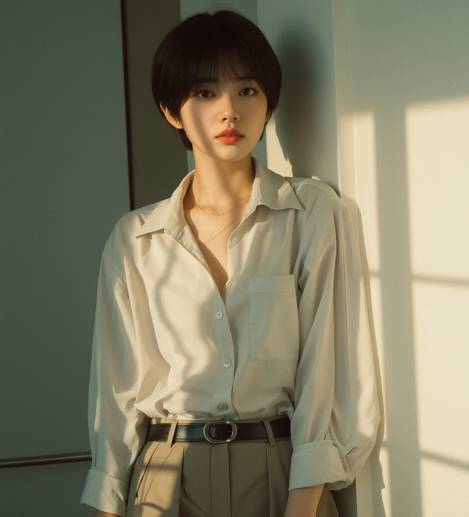 ((shoulder-length straight bob hair)),（Extremely meticulous CG),(((8k))),wallpaper,(Extremely refined and beautiful),(Masterpiece:2.0），（best qualtiy:2.0），（Ultra High Resolution:2.0),beautiful light up，Perfect lightning,realistic shaded，[A high resolution],(Smooth and flawless fair skin:1.5),Extremely exquisite facial details,ultra - detailed,A  girl,solo,small head,small face,clear face,Exquisite makeup,Close Shot,at home,(in the clothing room:1.2),(Standing next to a wardrobe:1.3),(many women's clothing hanging in the wardrobe:1.3),(laughing:1.2),(perfect body:1.1),small breasts,flat chest,slim,thin,(white polo collar sweater shirt and white underwear:1.5),cowboy shot,portrait,(from back),day scene,dim light,blue green wall