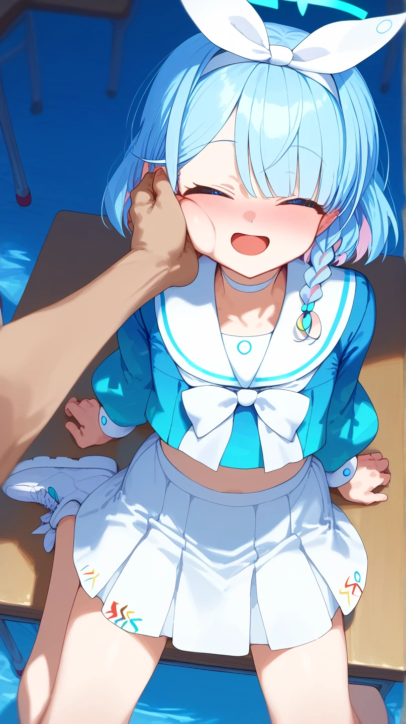 (best quality, ultra detailed:1.2),1girl,arona blue archive,halo,blue eyes,light blue hair,pink hair,colored inner hair,hair over one eye,short hair,hair ribbon,hairband,hair bow,blue serafuku,white skirt,white sailor collar,white ribbon,large breasts,BREAK crying,(face close up:1.2),((1man and 1woman,fellatio,penis,))