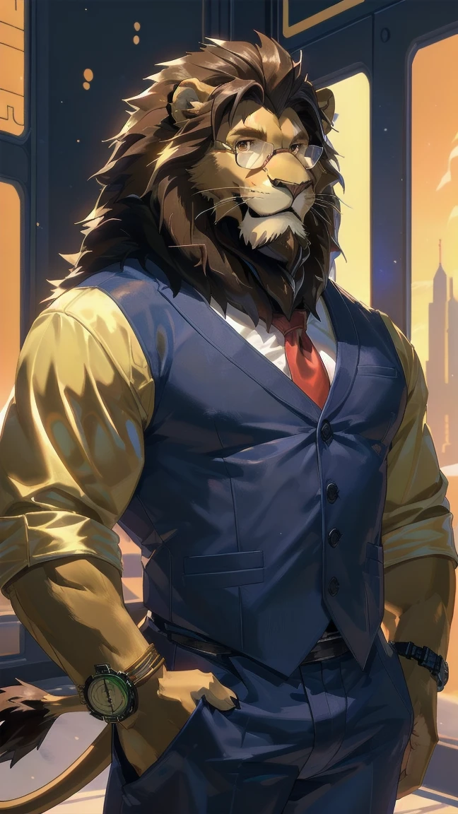 Cornelius with his hands that surround planet Earth and eyes of grandeur, time and space, ((best quality)), ((masterpiece)), (detailed), perfect face ((Cornelius is a middle-aged medium anthro muscular brown and tawny lion with a ponytail, feline, male, lion, furry, does not have a lion's mane, big lion man, male, stud, perfect lion face, eyesgod, brown eyes, confident smile, perfect hands, 5 fingers, no defects, smile, lion ears, lion tail, no markings, no watermark, lion, , has brown hair, clean shaven goatee, handsome, , teacher, masterpiece, best quality , Broad shoulders, Narrow waist, high details, award winning, highres, HD, 16k, BREAK Score_9_up ,Score_8_up ,Score_7_up ,Score_6_up )) ((He wearing brown trench coat and red tie, under blue shirt)) ((He has ponytail and wearing tiny round gold glasses and pocket watch, wearing a green business vest, yellow silk shirt, fancy watch, and brown dress pants)) . anime style, hands release the power of time and space . anime style sin sonrojar y alrededor el espacio sin collar