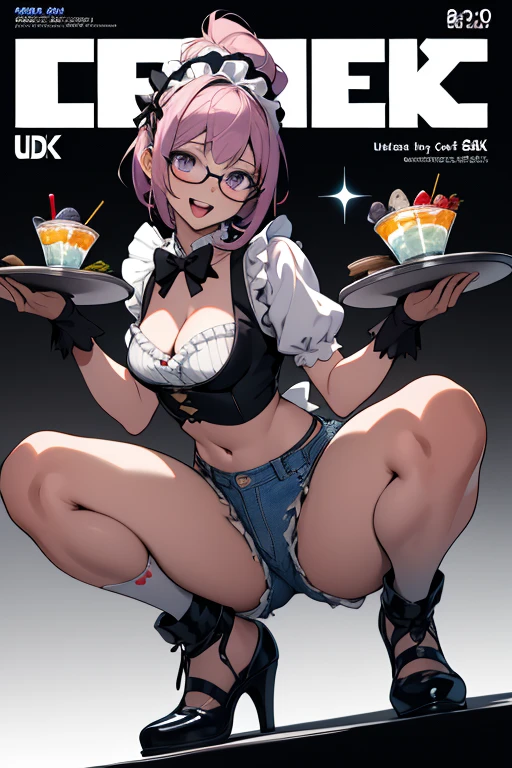 (small breasts:1.2), (perky chest:1.2), (pointed chest:1.2), (Pudding cake magazine cover:1.3),(from below:1.0),(shoot from the side:1.1),masterpiece, 1girl, Amazing Cleavage:1.1, thin waist, optimum,tmasterpiece,hight resolution,best qualtiy,hyper HD,super detailing,awardwinning,a 18yo cute girl,(The upper part of the body),anatomy correct,Beautiful Black miniskirt,garters,Gaze,Small face,bangss,holster,Beautuful Women,hands up,leg holster,Gaze,black boots,Cowboy Shot,cute face,a blond,Longhaire,Twin-tailed,Braids, Hairline,(scarlet eyes),long eyelasher,Hanging eye corners,White skin of the, ((see through camisole:1.1)), ((Sheer nipples:1.0)),Rocket Tits,(Slim body),smile,seductive weak smiling,(with sparkling eyes and a contagious smile),little open mouth, Looking at Viewer,