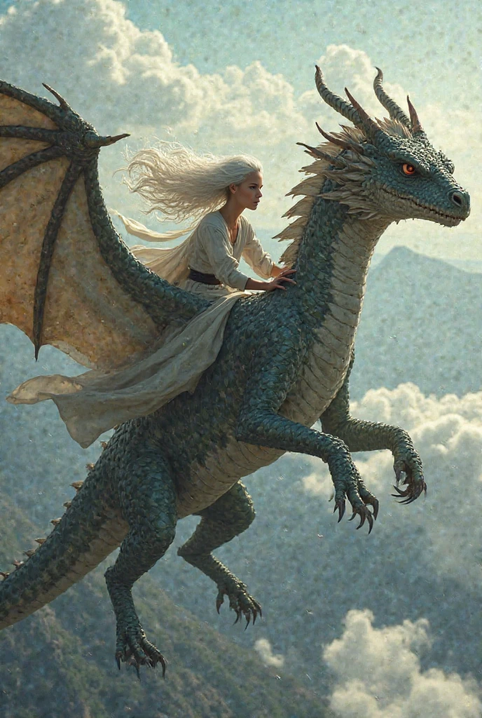 A young Targaryen flying on his dragon over a field of flowers