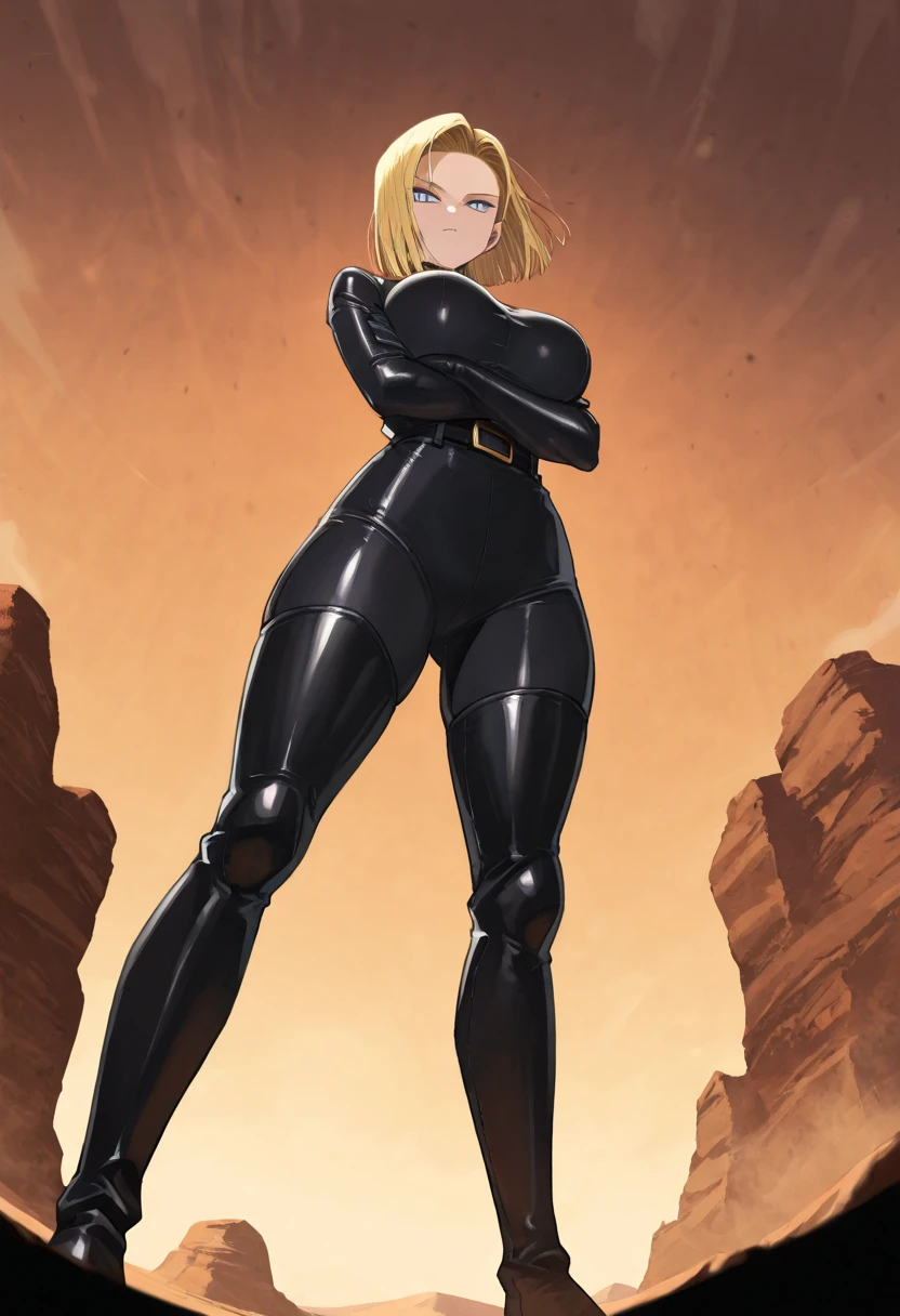 one girl , Alone, Android 18, black latex bodysuit , black boots, blck thigh boots、 black tights、evil、 in a desert, general , Masterpiece, top quality, So Aesthetic , anime screen capture , Big Breasts, general , Masterpiece, top quality, So Aesthetic, POV at boots, view from below, arms crossed