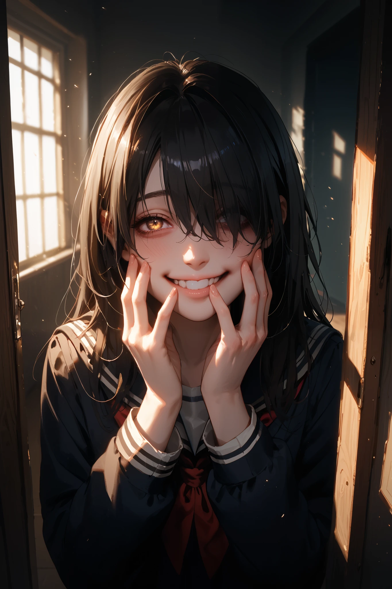 Mysterious girl, transfer student, long dark hair covering one eye, unsettling smile, intense gaze, slightly flushed cheeks, sharp glint in her eyes, possessive expression, eerie yet beautiful, school uniform with a slightly disheveled look, hands to face, golden afternoon light casting long shadows, standing in the doorway, quiet but unsettling presence, soft breeze moving her hair, yandere aura, mix of sweetness and danger, unsettling yet captivating charm, obsession hidden beneath a gentle facade
