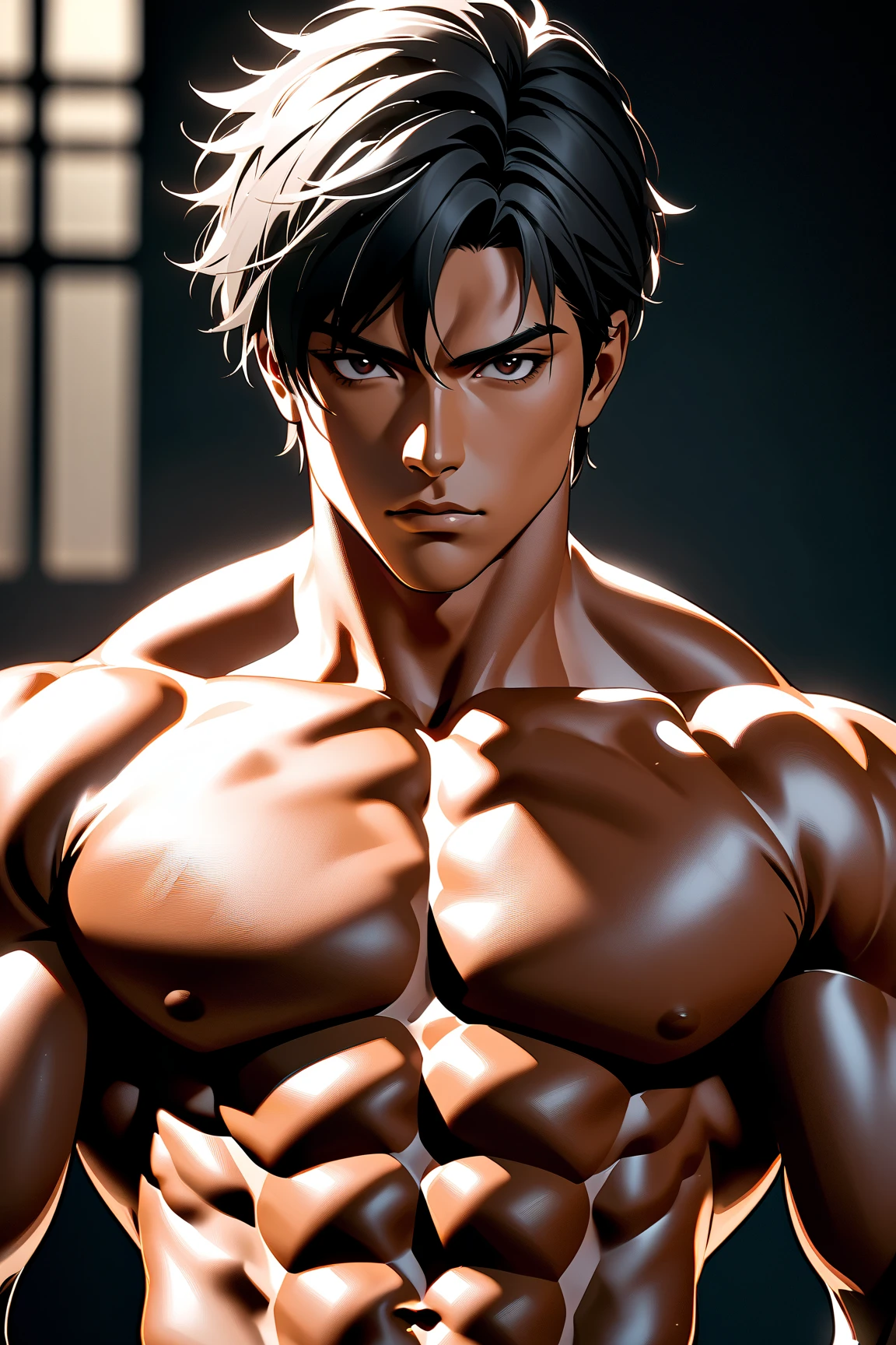 Portrait of a fit man, with an athletic and muscular physique. he is shirtless, showing off his well-defined chest and abs. Has an upright and confident posture, with a determined look towards the camera. The background is neutral, allowing the subject to be the center of attention."