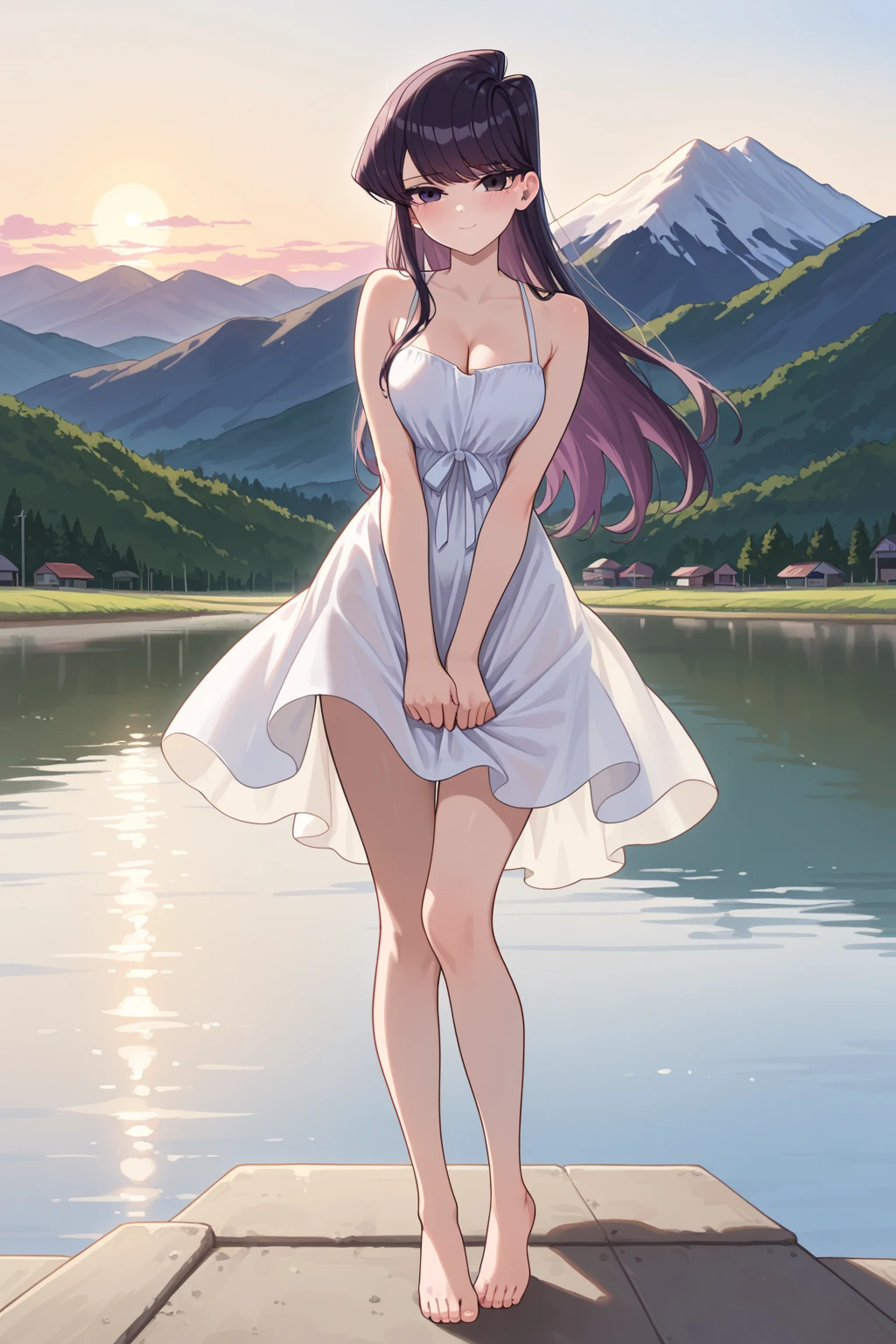 (Highest quality, 32K, High resolution, Masterpiece:1.5), god々It emits brilliant light and healing power., Evoking a sense of calm and elusive beauty, Expressing emotions, Have a rich imagination,Beautiful Japanese Girls, An exceptionally beautiful face, Small Face Beauty, Perfect Human Anatomy, Magical big eyes, Motherhood and generosity, Deep Love, fleeting smile, Shiny black hair, Super Long Straight Silk Hair, Asymmetrical bangs, Hair between the eyes, Transparent, soft white skin, Sharp eyebrows, Thin lashes, Natural Makeup, Cheek highlighter, Pale pink detailed lips, ((White dress:1.3)), High resolutionの完璧な鎖骨, High resolutionの美しい胸元, Slim figure with ample breasts, High resolutionの美しい太もも, ((Beautiful spring in the mountains:1.2)), ((Standing on the clear blue water:1.5)), Professional Lighting, Professional photographer, Professional models, god秘的