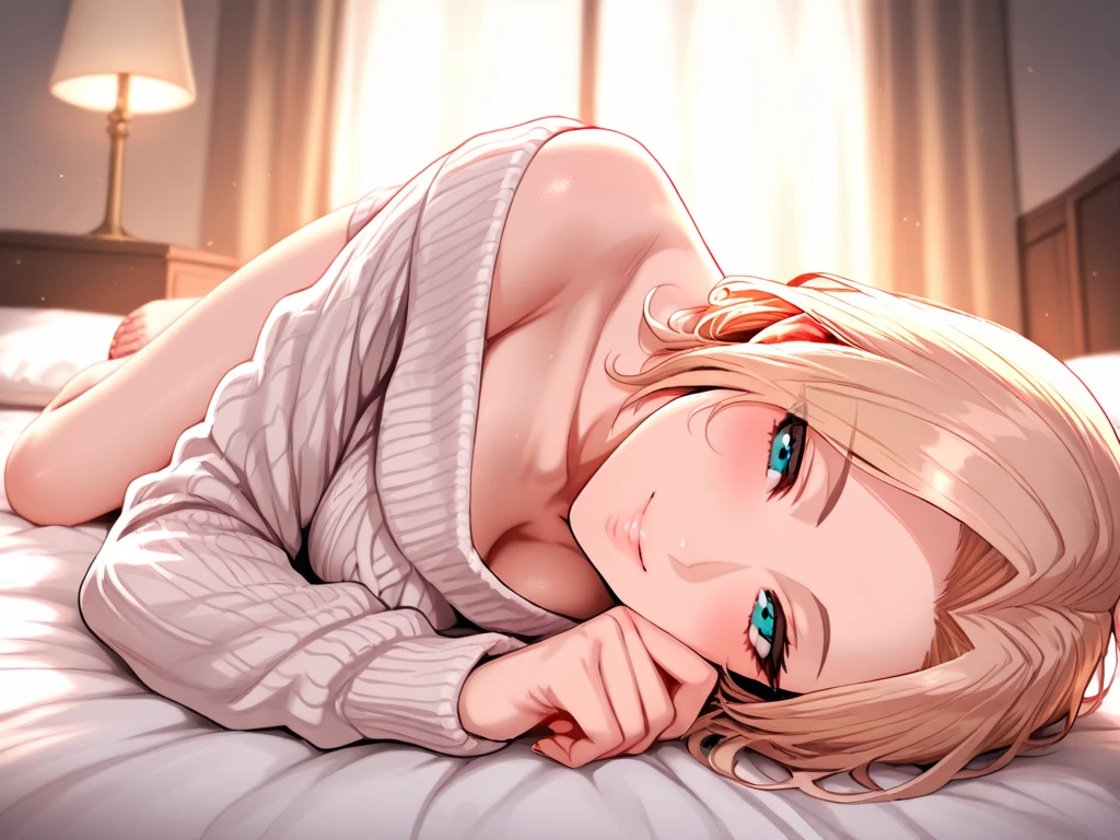 (masterpiece, best quality:1.5), ((Extremely detailed)), high resolution,Anime style,(Beautiful blonde woman, lying on the bed, red sweater, comfortable posture, perfect figure:1.3)