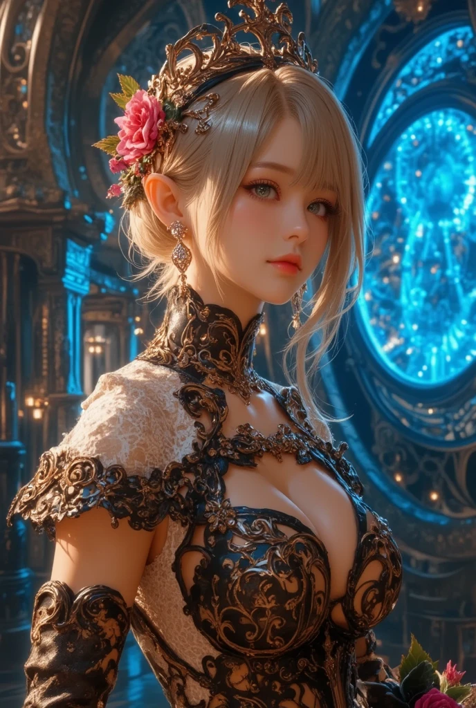 Marie Rose, (best quality,8k,UHD,realistic:1.37),beautiful detailed blue eyes,beautiful detailed face,long blonde hair,ultra-realistic texture, expression a cute smile
