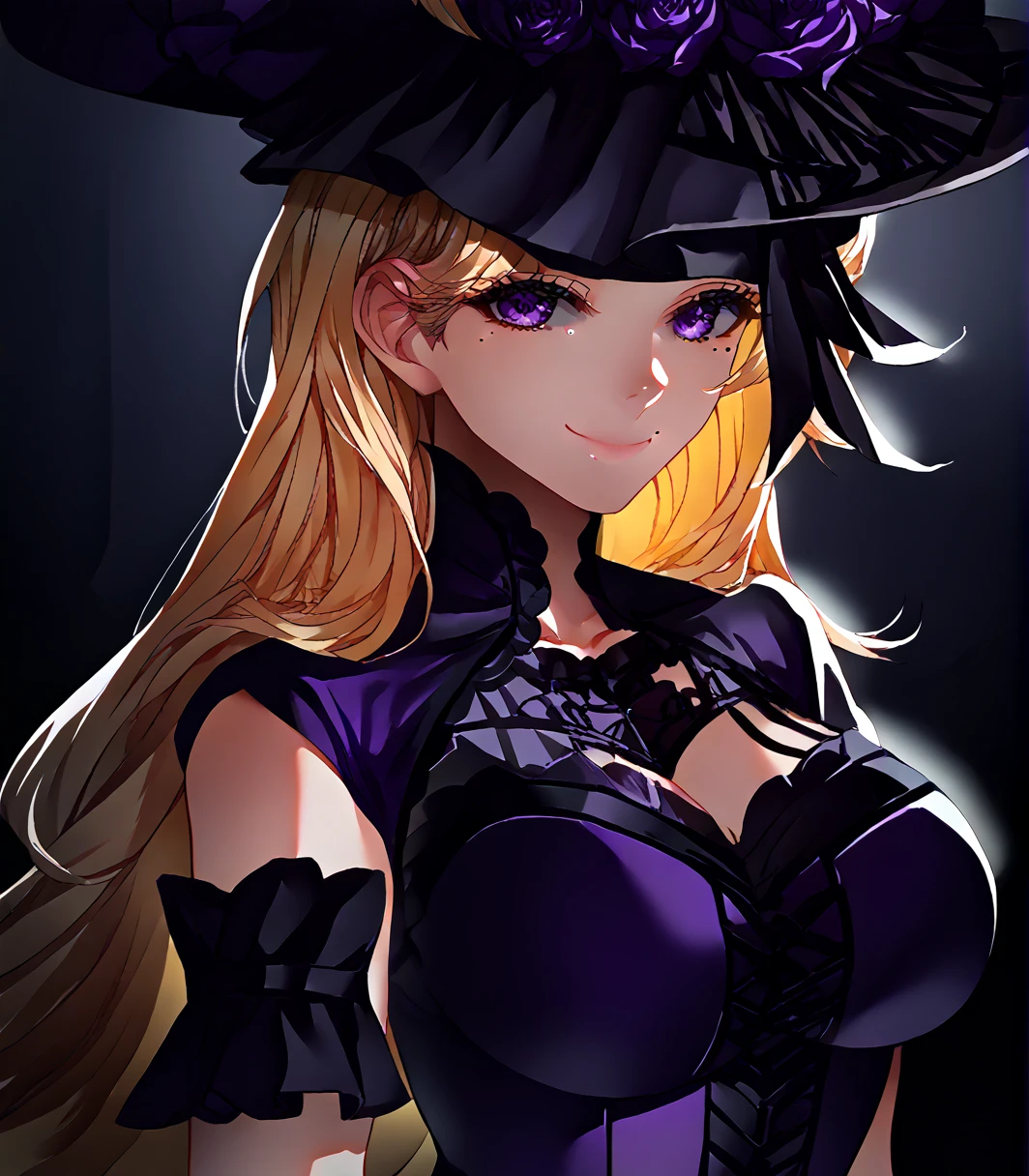 (cute, silly and aroused woman),(23 years old female:0.9), (18 years old female:0.6), suggestive pose and sexy expression. blonde hair, super huge black witch hat with purple, white shortsleeved shirt with a cute purple bow, blue eyes, rubbing chin, thinking