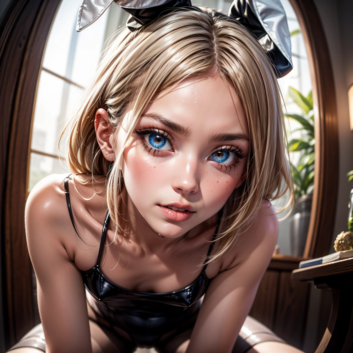 (1 girl:1.3), cinematic light,  (masterpiece, highest quality, best quality, official art, beautiful and aesthetic:1.3), very detailed,best details,(Super detailed),((very delicate and beautiful)), ((Crouching on the floor of the apartment on a dark night)), From above, alone, Generally poor breasts, Silky longhair, (brown hair), dressed casually, White lace inner, open chest, 26 years old, Unsteady gaze, torn clothes, worried, embarrassing, (look up:1.4)、(super curly hair、super long hair、poneyTail、blonde),  (nsfw),