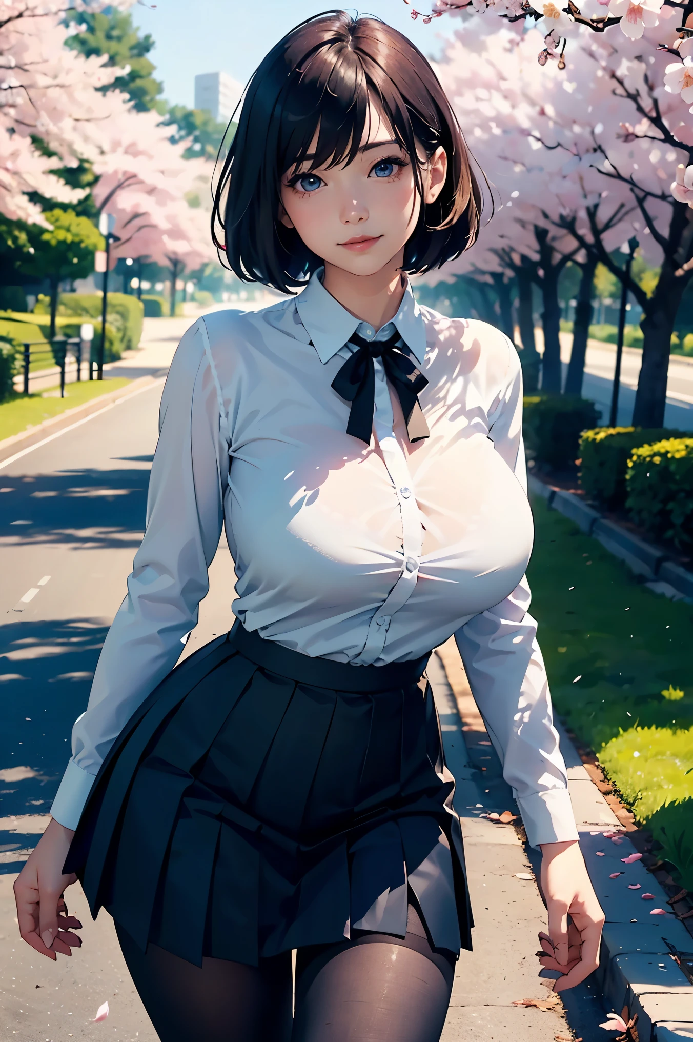 (realistic:1.5), photorealistic, octane render, (4k, 8k), (hyperrealistic:1.2), (photorealistic face:1.2), (Best Quality), extremely detailed, intricate, hyper detailed, (eyes detailed, finger detailed:1.2), looking at viewer, (short hair, curly hair, dense bangs, black hair), (outdoors, cherry blossom trees, korean school uniform:1.3), (1girl, solo, alone, large breasts, large thighs, 2legs, walking:1.4), (brown eyes:1.2), smile