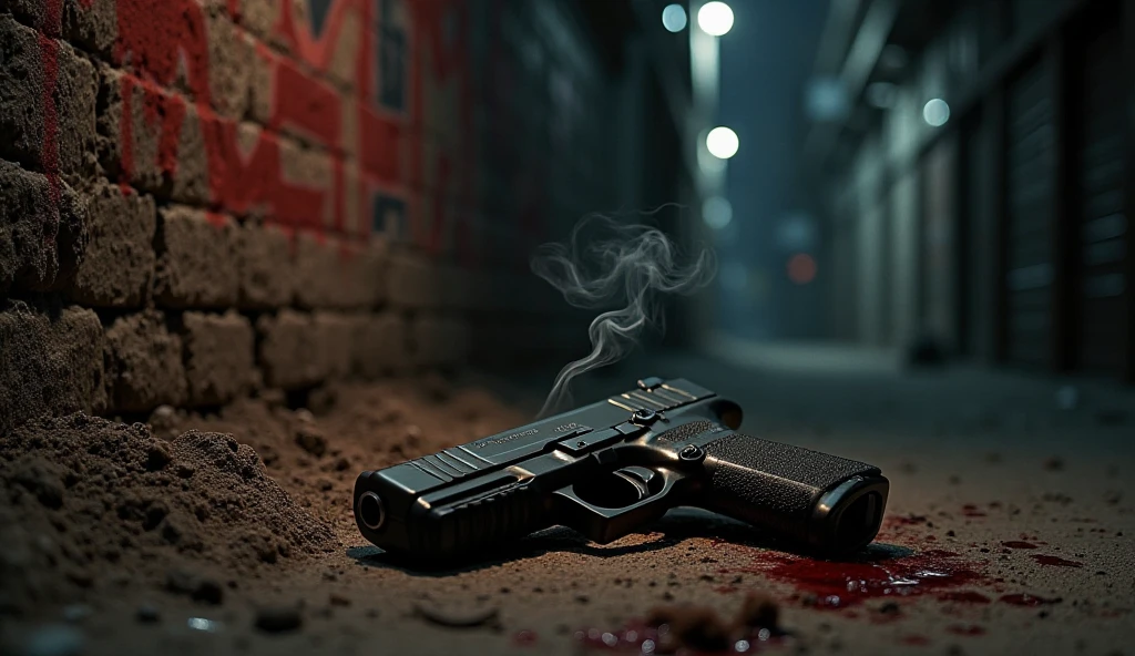 A dark, gritty Karachi backstreet at midnight, with a black pistol lying on the dusty ground, half-buried in dirt. Fresh trail of smoke rises from the gun’s barrel, as if it was just fired. A bloodstain is barely visible on the cracked concrete, adding intensity to the scene. The dim glow of a broken streetlight flickers, casting long shadows, while the walls are covered in old, faded graffiti. The color scheme is dark—deep blacks, rusty reds, and shadowy grays—giving the scene a raw, underground drill music aesthetic.