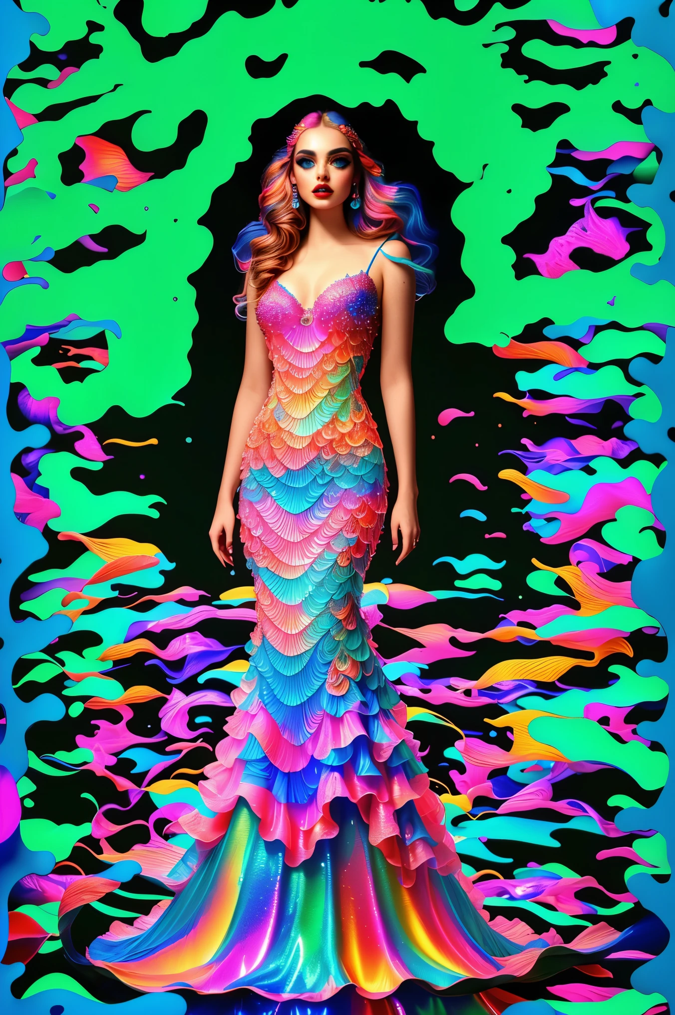 Beautiful model poses in a mermaid style dress that is long and opens up onto the ground in a big exaggerated circle around the feet. The background should be neon 3D plastic shapes. Fractal Geometry should build up gradually. Heavy 3D shapes and shading. Best quality, professional, 8K,16k Ultrarealistic, photorealistic, extreme detail, vivid colors, dynamic colors, iridescent, shimmering, holographic, intricate textures, flowing fabrics, glowing effects, dramatic lighting, fantasy, fashion, mermaid style gown, ethereal, magical, black background with neon plastic sphere and swirl shapes popping in 3D, surreal, whimsical, digital art, 3D rendered,cinematic portrait, cinematic photography, cinematic lighting, portrait photography.