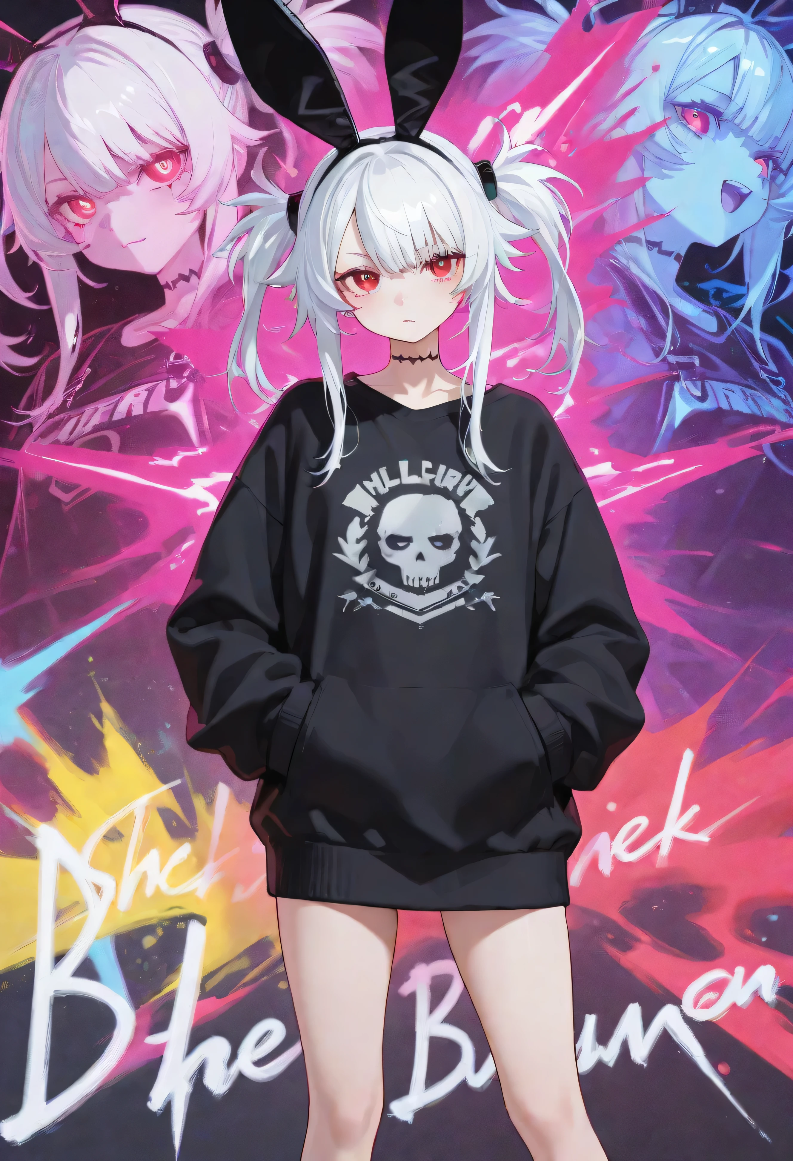 A futuristic anime-style girl with short white hair and vibrant red eyes, wearing a sleek black oversized sweatshirt adorned with edgy, graffiti-like bunny artwork. She has cute yet stylish cyberpunk bunny ears attached to her head, glowing faintly. The background is a dynamic black-and-white collage of expressive anime faces and ink splashes, creating a chaotic yet artistic aesthetic. The overall mood is a fusion of soft, cute energy mixed with a rebellious, streetwear-inspired vibe.