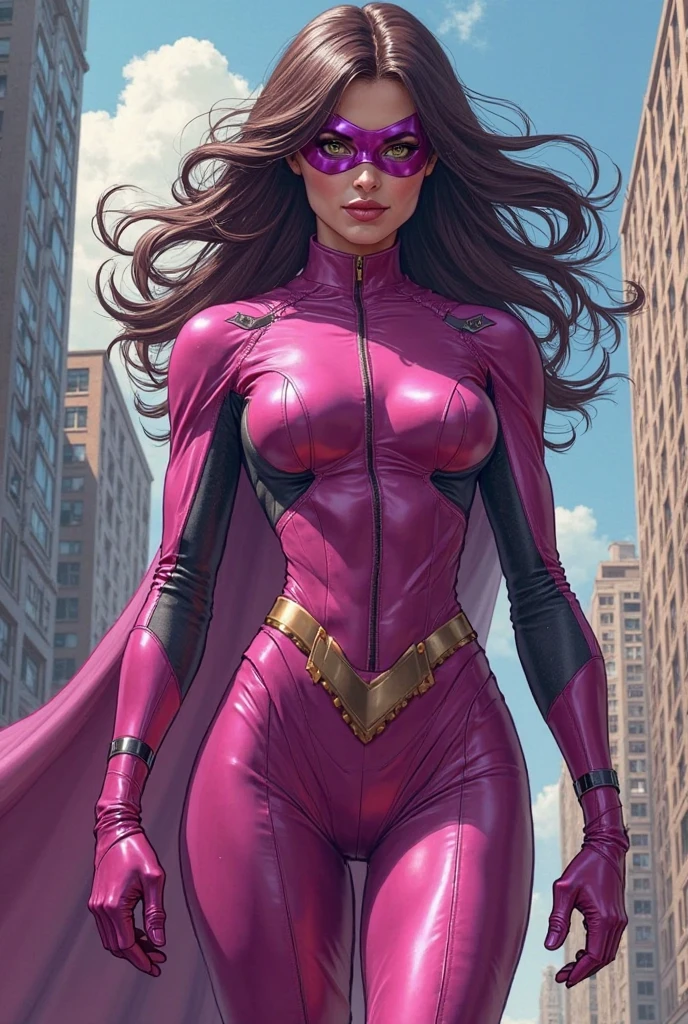 (masterpiece,8k resolution),a girl,(( straight long brown hair)), sexy, hot, (( purple superhero costume with skirt)),(( long socks and heels)), big ass, small breast, green eyes, in city, staring at camera, comic art style