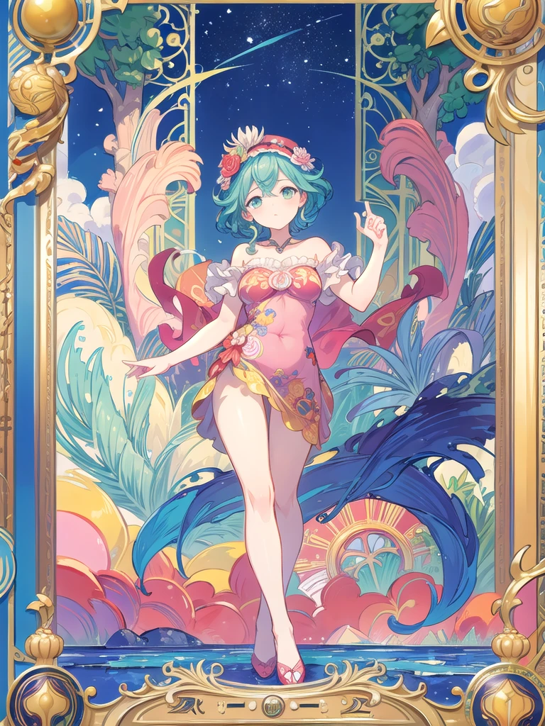 Capricorn、Green Hair、tarot cards,Hands together,Vulcan salute,attention, There is a halo behind the head,finely_detailed, perfect_Body, perfect_Eye, perfect_Face, perfect_finger,Yu-Gi-Oh card game style、(((Voluminous breasts 1.8)))、(((micro bikini 1.4)))、(Saggy breasts 1.4)、(Cleavage 1.4),Seductive pose、Random Pause、cowboy shot、
(The Capricorn symbol is depicted on the card frame 1.3)、Three-dimensional depiction that seems to emerge from the card, ultra-detailed depiction, artistic、A pose that makes it seem as if the person is coming out of the card、The card frames are drawn in super-beautiful detail, perfect anatomy, perfect fingers, super beautiful faces, stunning beauties aged 16 to 30、Greek mythology sculpture style background、Super beautiful eyes, and the card frame features illustrations of the moon, sun, stars, and golden coins、The card frame features an illustration of a sword and shield、Card colors are random、Depicts the symbol of Capricorn、Write the letter Capricorn、Write Capricorn on the top of the tarot card.May the person who sees the tarot card be happy、Write the word "Capricorn" in embossed letters on the tarot card、Magic wand, spear, bow and arrow, guitar, fire, water, earth, wind, dagger, pen, sword, crossbow, large shield, gloves, fishnet stockings、Flowers, leaves, good luck, four leaf clover、Scattering jewels、Diamond, ruby, sapphire, topaz, blue sapphire, pearl, crystal,Virgo sign tattoo on body、Random hair color、Rainbow, red, blue, orange, yellow, purple, green, gold, silver, light blue, brown, white, yellow-green, navy blue, pink,