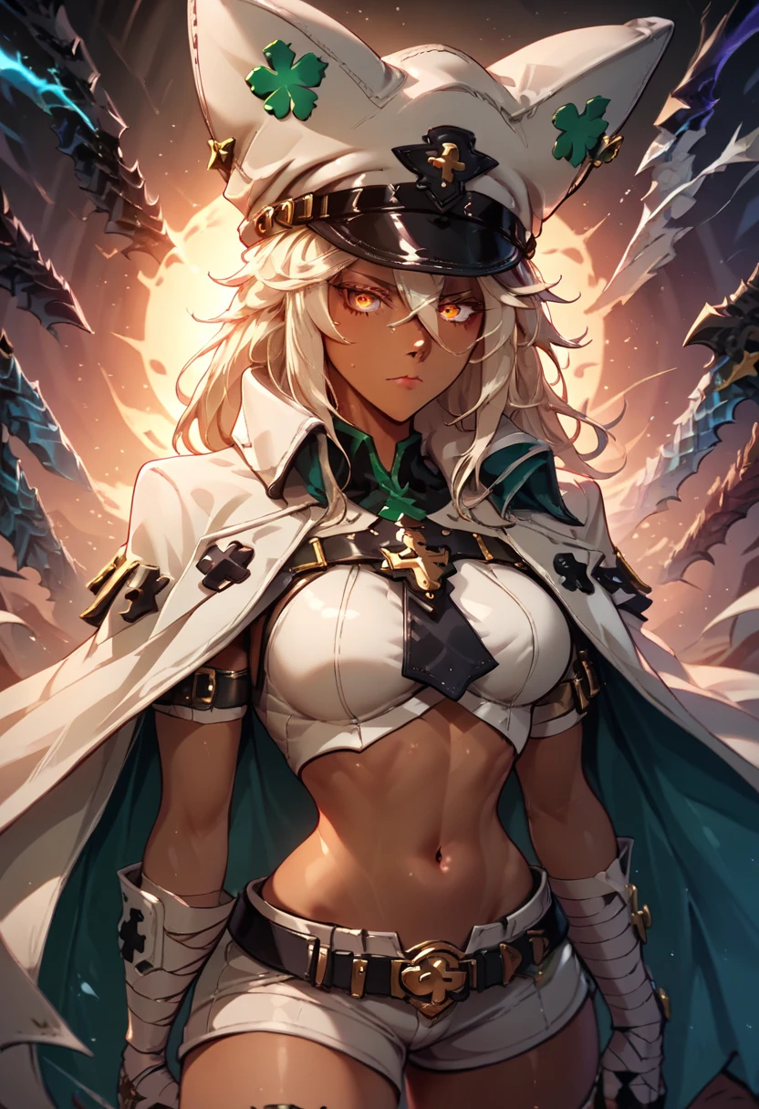 Masterpiece, best quality, expressive eyes, perfect face, 1girl, solo, breasts, dark skin, dark-skinned female, skull, golden eyes, large breasts, navel, hair over one eye, white hair, looking at viewer, desert background, sandy background, eyepatch, long hair, pelvic curtain, elbow gloves, fingerless gloves, belt, chains, hair over one eye,