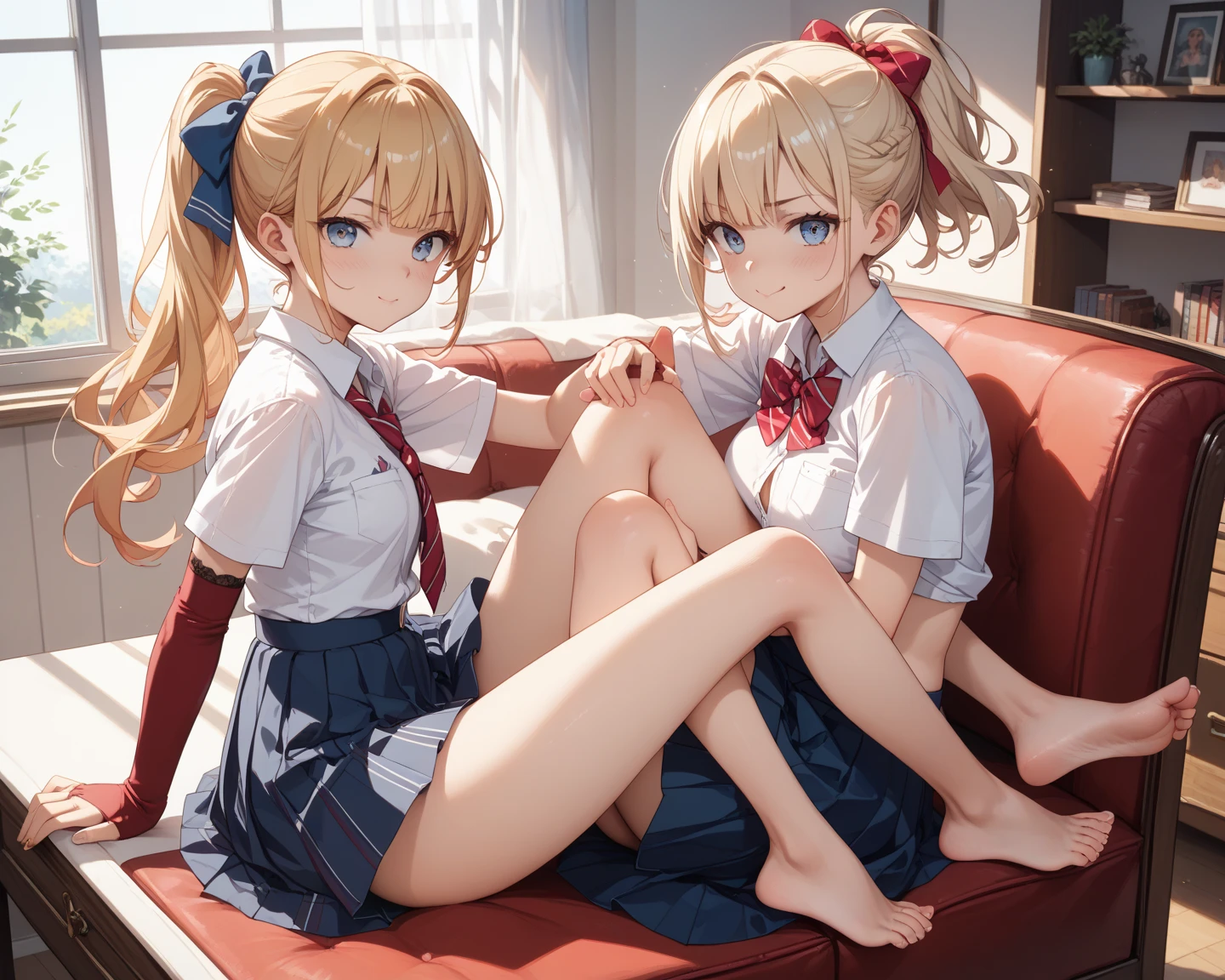 "Two young women with short white hair and intense yellow eyes. They are wearing schoolgirl tops and red with belts.. They both wear thigh-high stockings., accentuating your toned legs. Twin sisters are in the living room of a modern house, with expressions that combine mystery and a certain coldness. They are sitting side by side on a brown leather sofa., with a confident and intimidating posture, as soft sunlight streams in through the large window behind them, illuminating their elegant silhouettes."