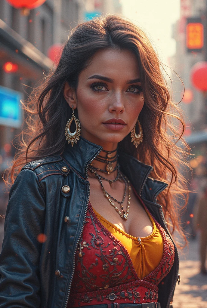 A (24-year-old Colombian woman:1.2), full body view, (facing the camera:1.1), detailed European features, (aspirational expression:1.1), ((steampunk-style goggles)), ((steampunk city in the background)), raw, analog style, ultra-detailed photography, cinematic lighting, art station, 4k, sharp focus, high resolution, detailed skin, detailed eyes, detailed lips, long eyelashes, elegant pose, (steampunk fashion:1.2), (intricate mechanical detailing:1.3), mechanical gears, (advanced technology:1.1), futuristic atmosphere