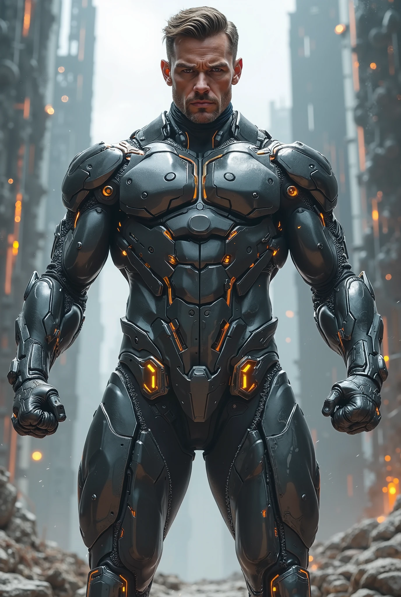Masterpiece, 4k, 3/4 view, full body, photo-portrait of (DnRamon_2000:1.0), elegant action pose, futuristic gear, cybernetics, looking at viewer, good anatomy, ((detailed face, (detailed hands), detailed eyes)), volumetric lighting, soft light, deep shadows, Sony A7R V, sharp focus, cyberpunk background