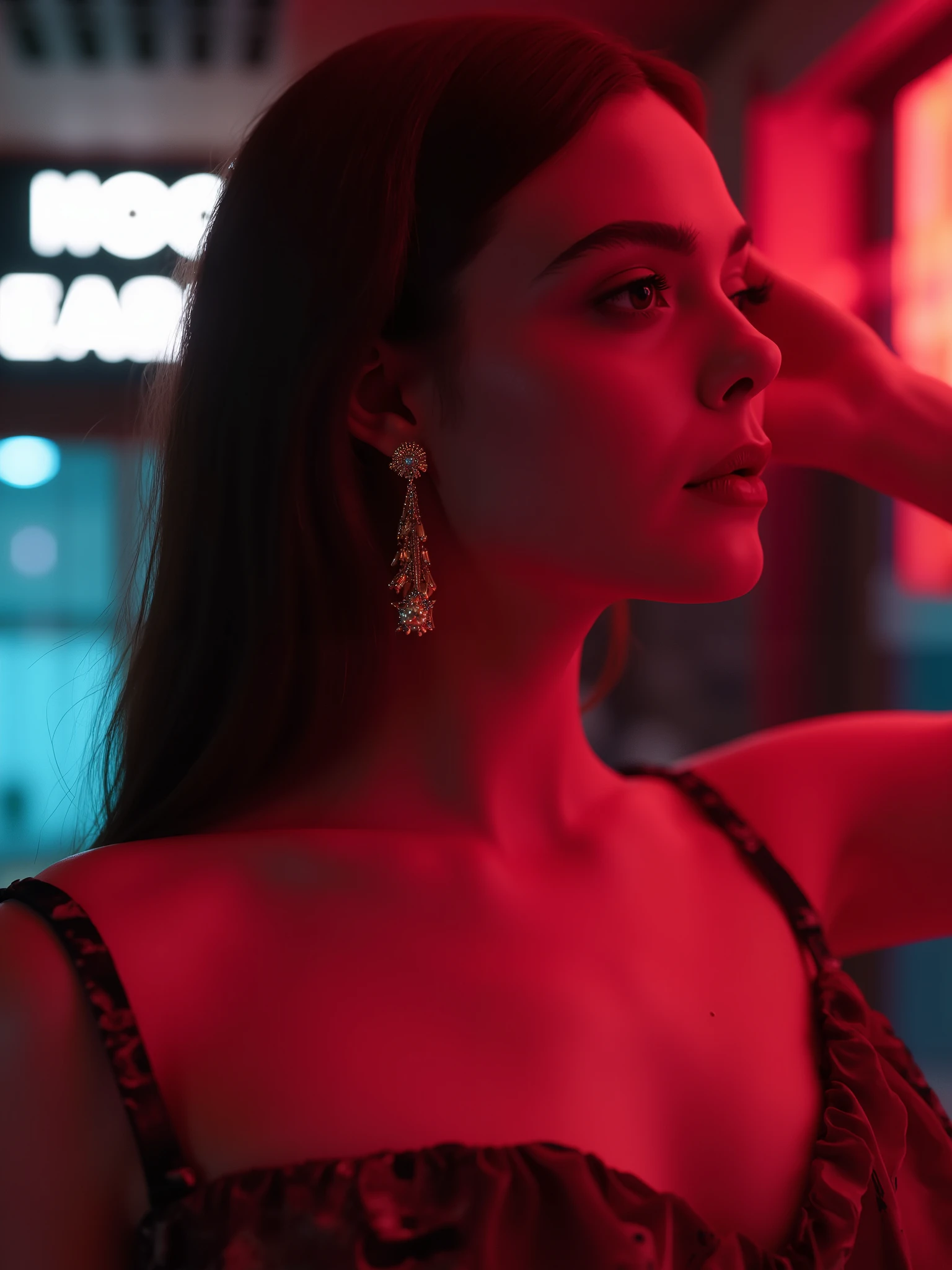 A woman,The most beautiful and delicate face, Profile,bust, Not too big breasts, Her cleavage exposed, Looking at the audience, Half-length photo, Movie Lighting, glow, neon,With big earrings,The earrings should be exposed。