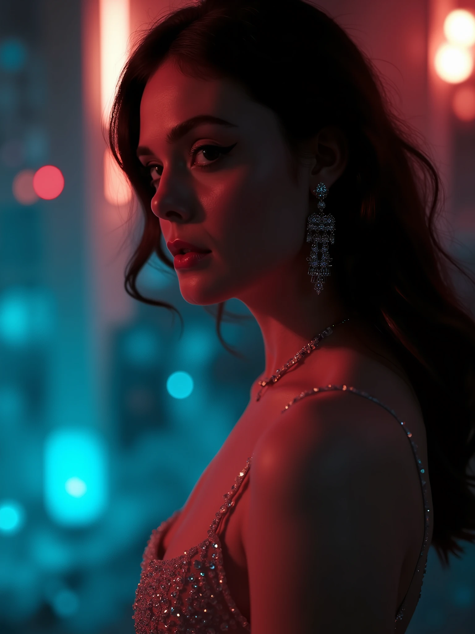 A woman,The most beautiful and delicate face, Profile,bust, Not too big breasts, Her cleavage exposed, Looking at the audience, Half-length photo, Movie Lighting, glow, neon,With big earrings,The earrings should be exposed。