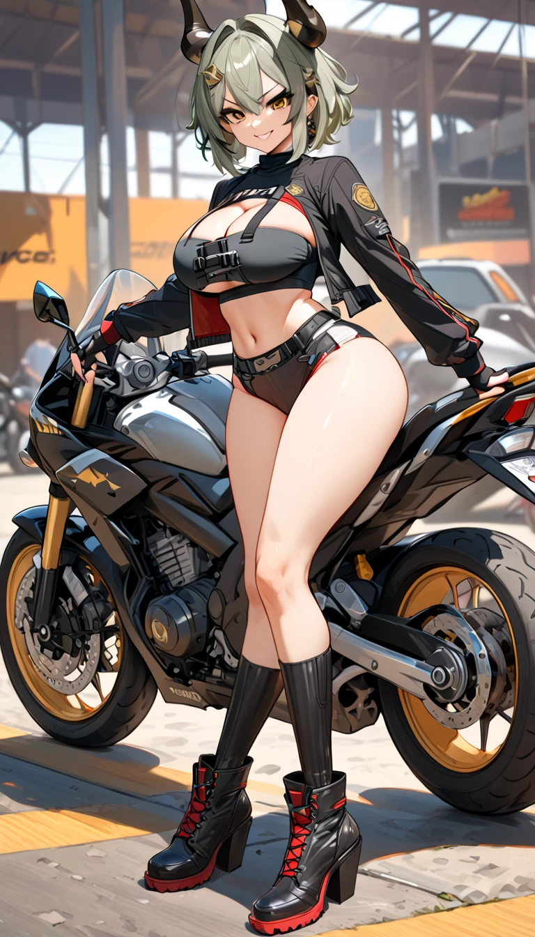 Girl sitting on green and black motorcycle on the street, White Bikini Top、poneyTail、japanes、Beautiful facial features、Leather costume、Gentle face、Tifa、Light green、Beautiful pictures、beautiful boob、Mini、Tank tops、Ultra Mini Leather Skirt、thighs thighs thighs thighs、White mini skirt、white panty、Navel、boots、kawasaki, Ninja 250、motor cycle,black and green, 🤬 🤮 💕 🎀, sitting on cyberpunk motorbike, white boots、sitting on a motorcycle, green and black colors, Riding a motorcycle, 🚿🗝📝, motorbiker,