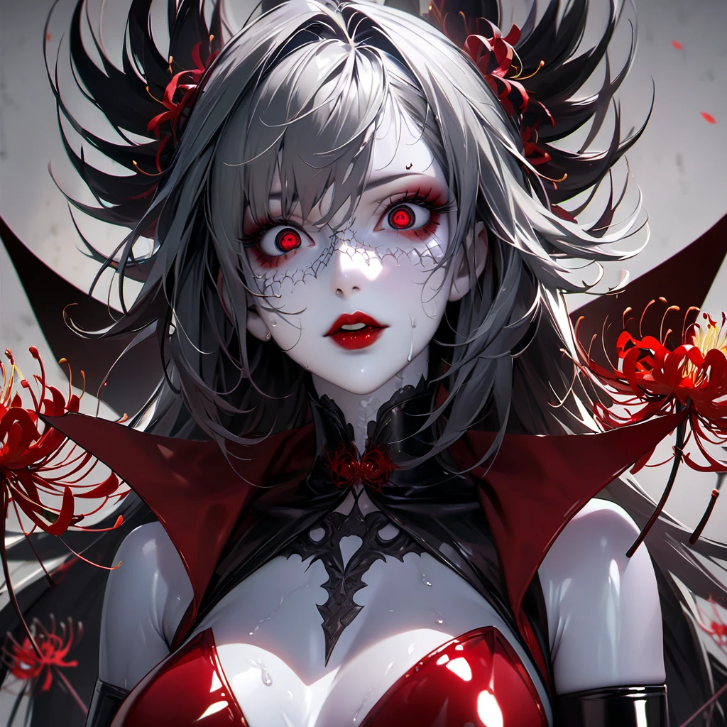 8k, RAW photo, best quality, masterpiece:1.2,1girl,mature female,cleavage,((White_hair:1.2)), glowing red pupils, devil horns, devil wings, (Demon Scales), devil tail, Devil smile, (devil tattoo), Magma World, (Scales cover breasts and pubic area:1.5),